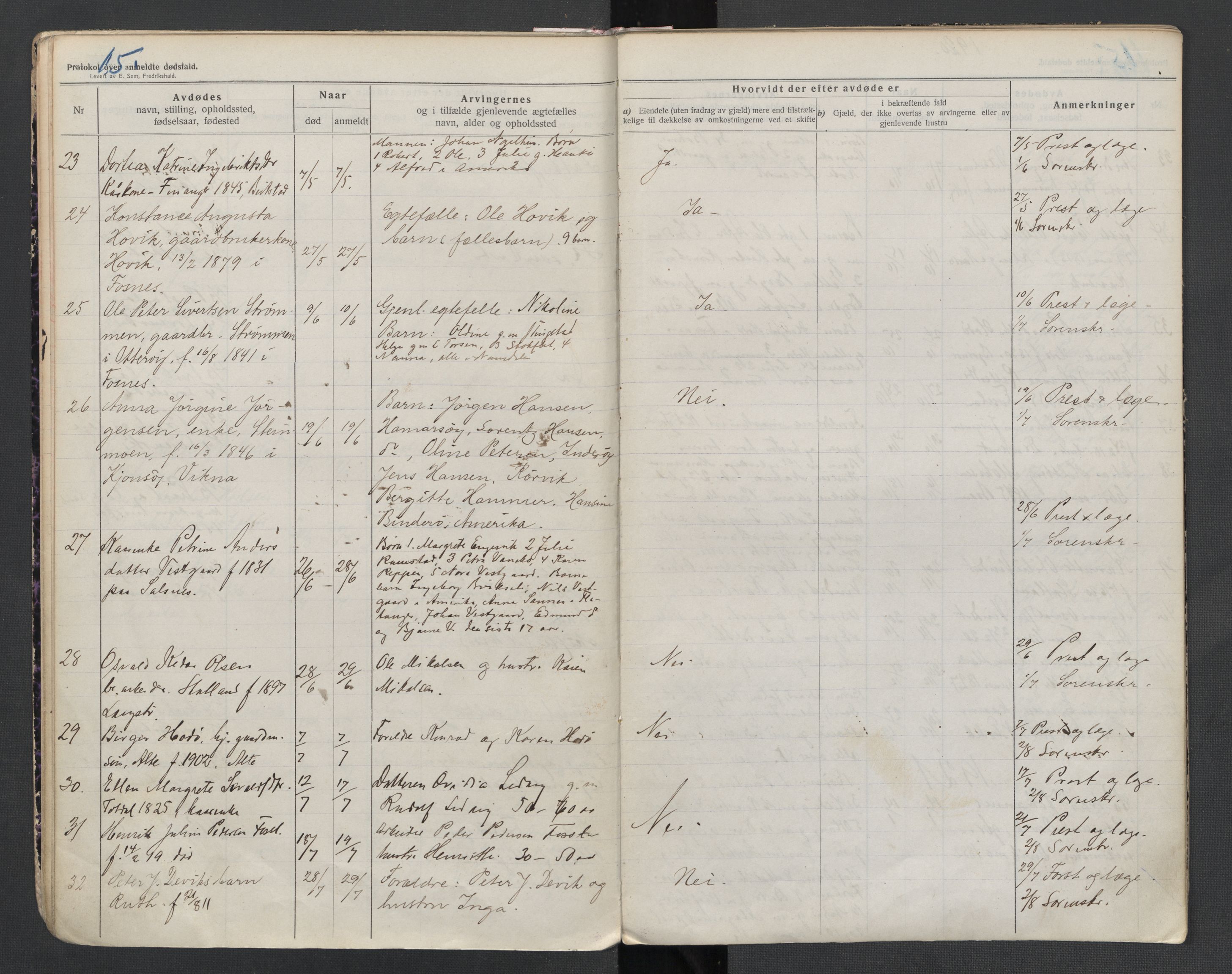 Fosnes lensmannskontor , AV/SAT-A-1022/1/02/L0003: 2.01.03 Dødsfallsprotokoll for Fosnes lensmannsdistrikt, 1916-1930, p. 15