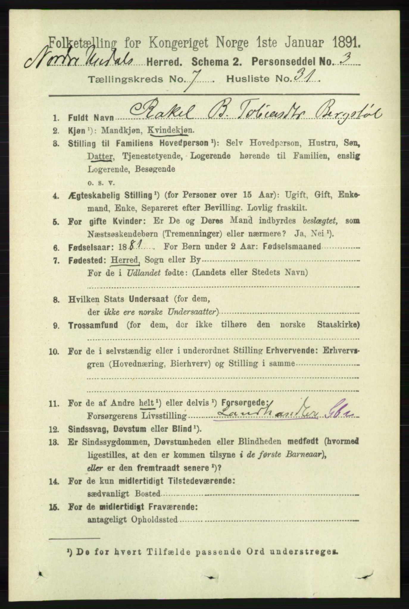 RA, 1891 census for 1028 Nord-Audnedal, 1891, p. 1974