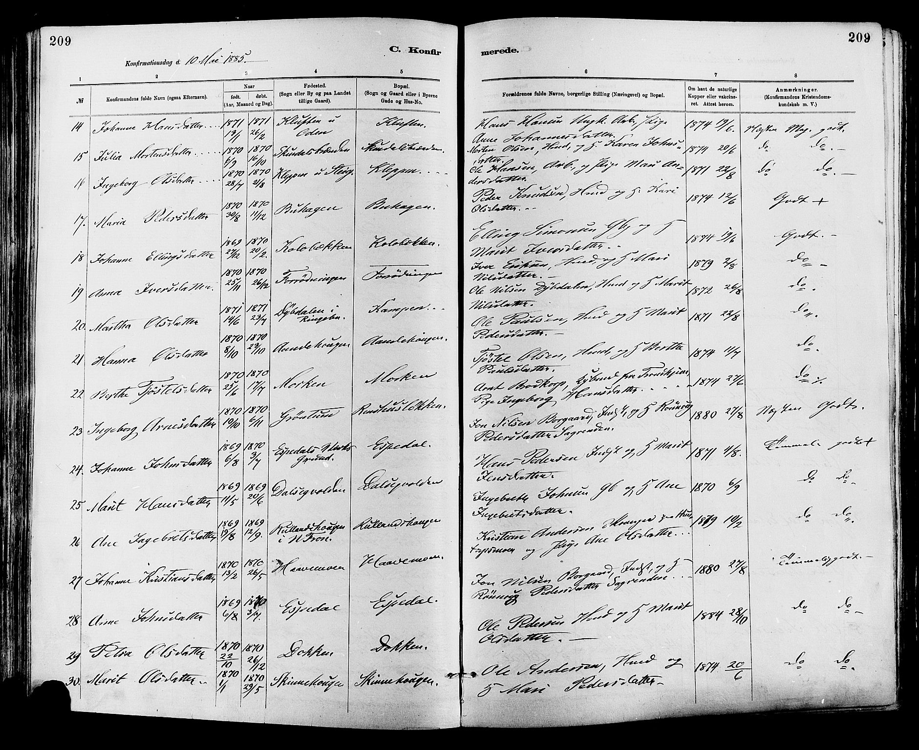 Sør-Fron prestekontor, SAH/PREST-010/H/Ha/Haa/L0003: Parish register (official) no. 3, 1881-1897, p. 209