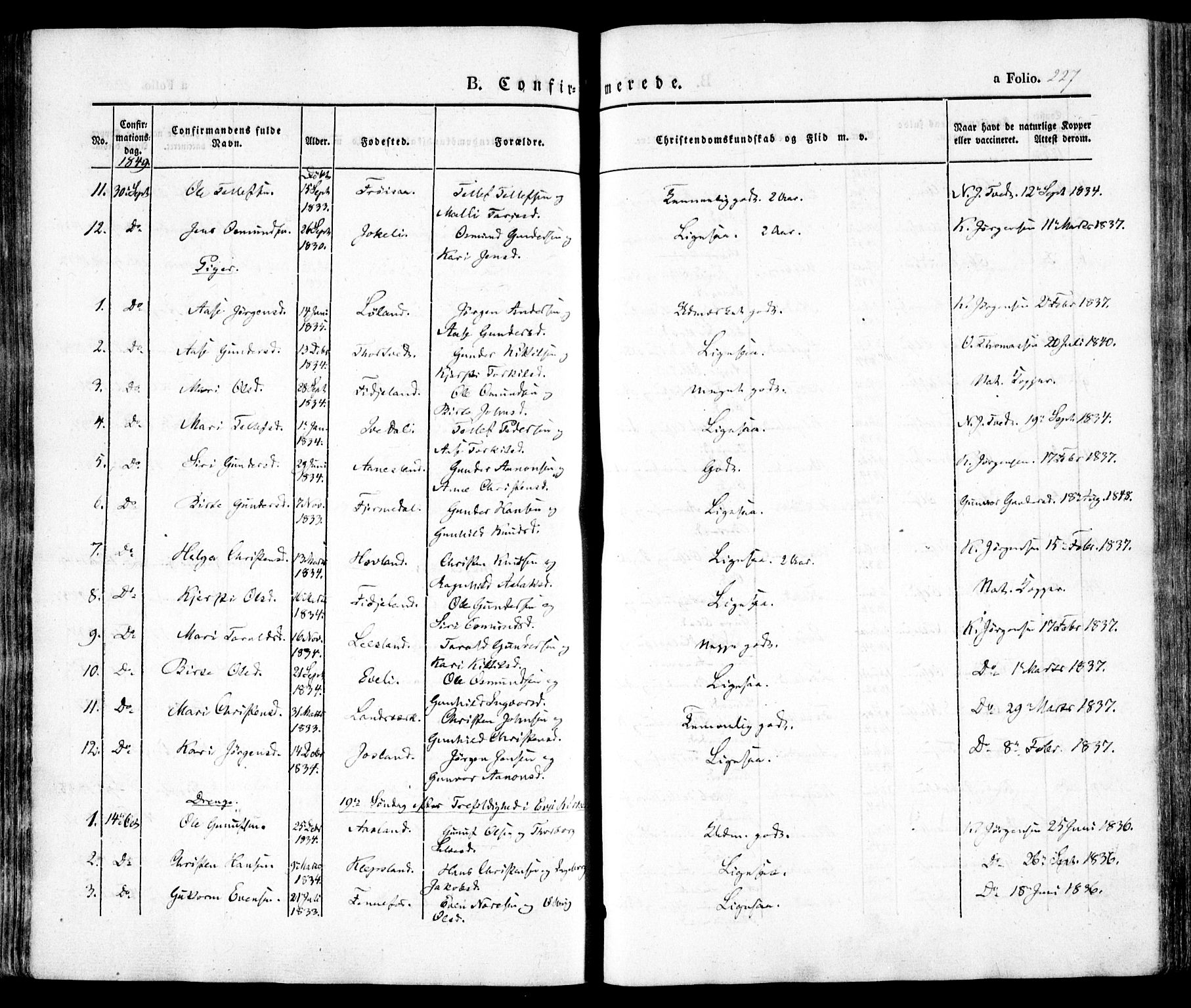 Evje sokneprestkontor, AV/SAK-1111-0008/F/Fa/Faa/L0005: Parish register (official) no. A 5, 1843-1865, p. 227