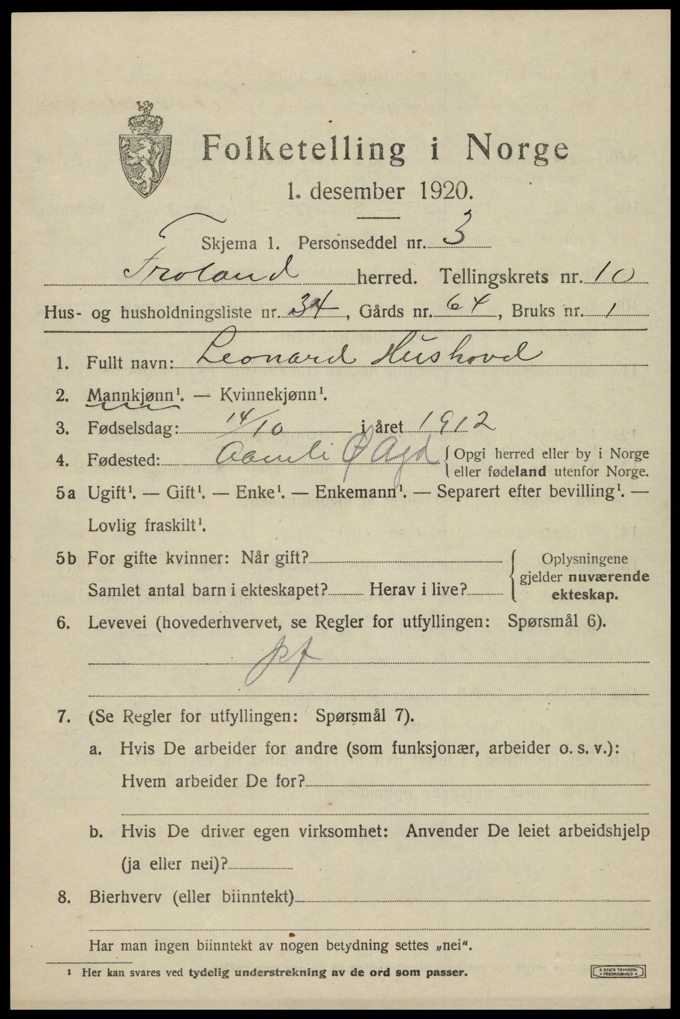 SAK, 1920 census for Froland, 1920, p. 5673