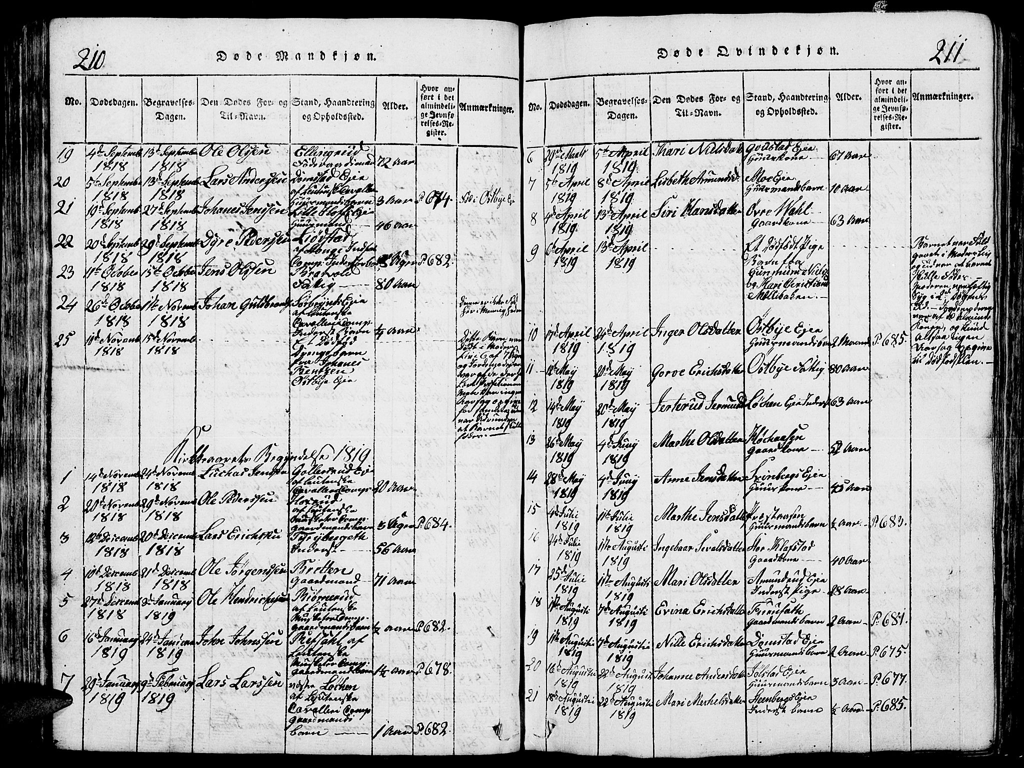 Romedal prestekontor, SAH/PREST-004/L/L0005: Parish register (copy) no. 5, 1814-1829, p. 210-211