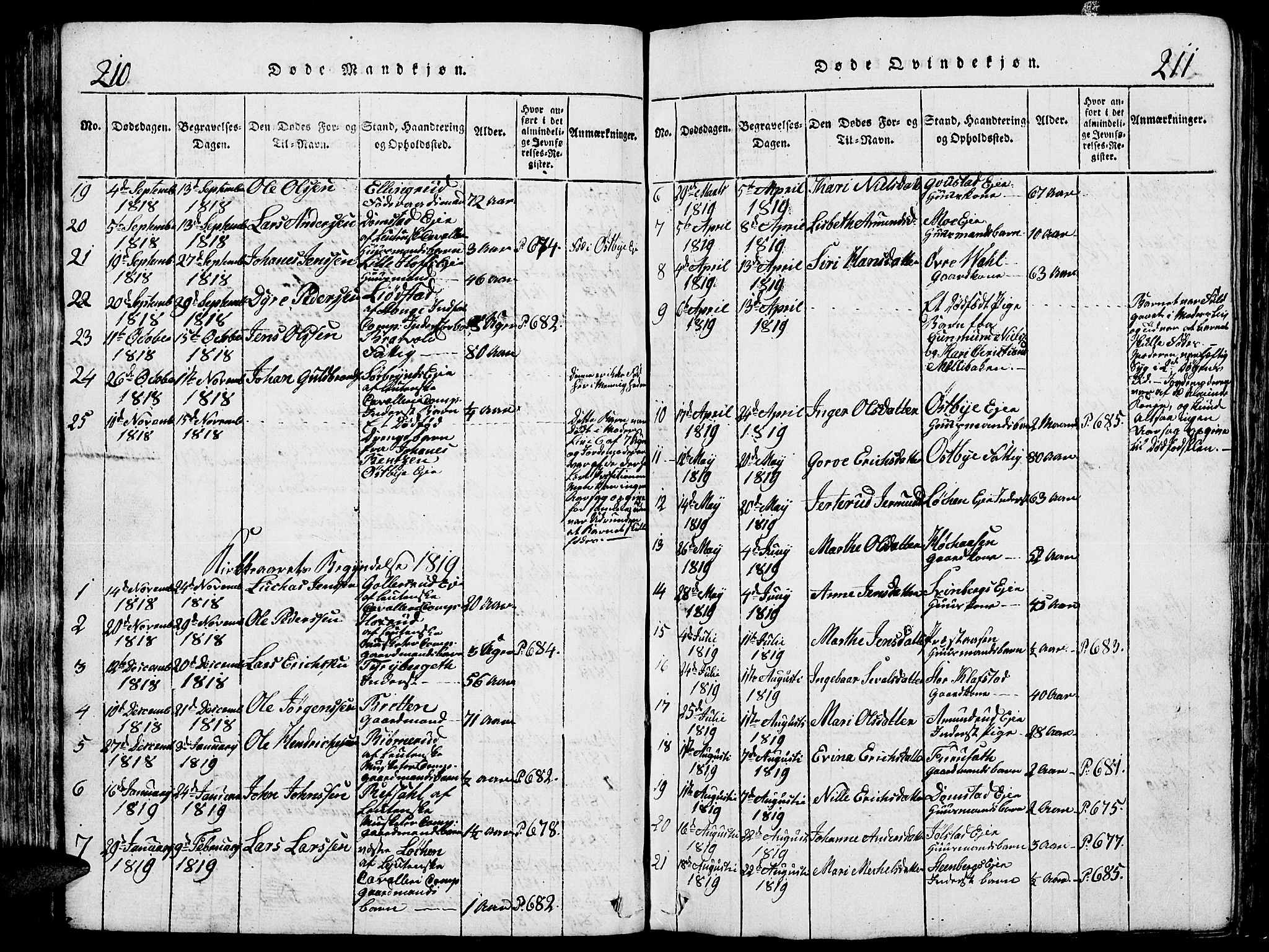 Romedal prestekontor, AV/SAH-PREST-004/L/L0005: Parish register (copy) no. 5, 1814-1829, p. 210-211