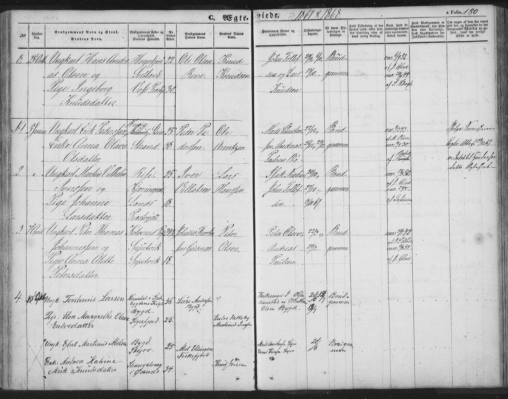 Ministerialprotokoller, klokkerbøker og fødselsregistre - Nordland, AV/SAT-A-1459/895/L1369: Parish register (official) no. 895A04, 1852-1872, p. 180