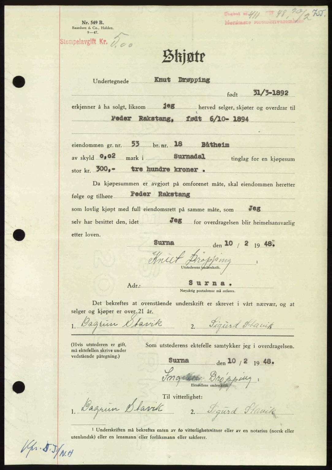 Nordmøre sorenskriveri, AV/SAT-A-4132/1/2/2Ca: Mortgage book no. A107, 1947-1948, Diary no: : 411/1948