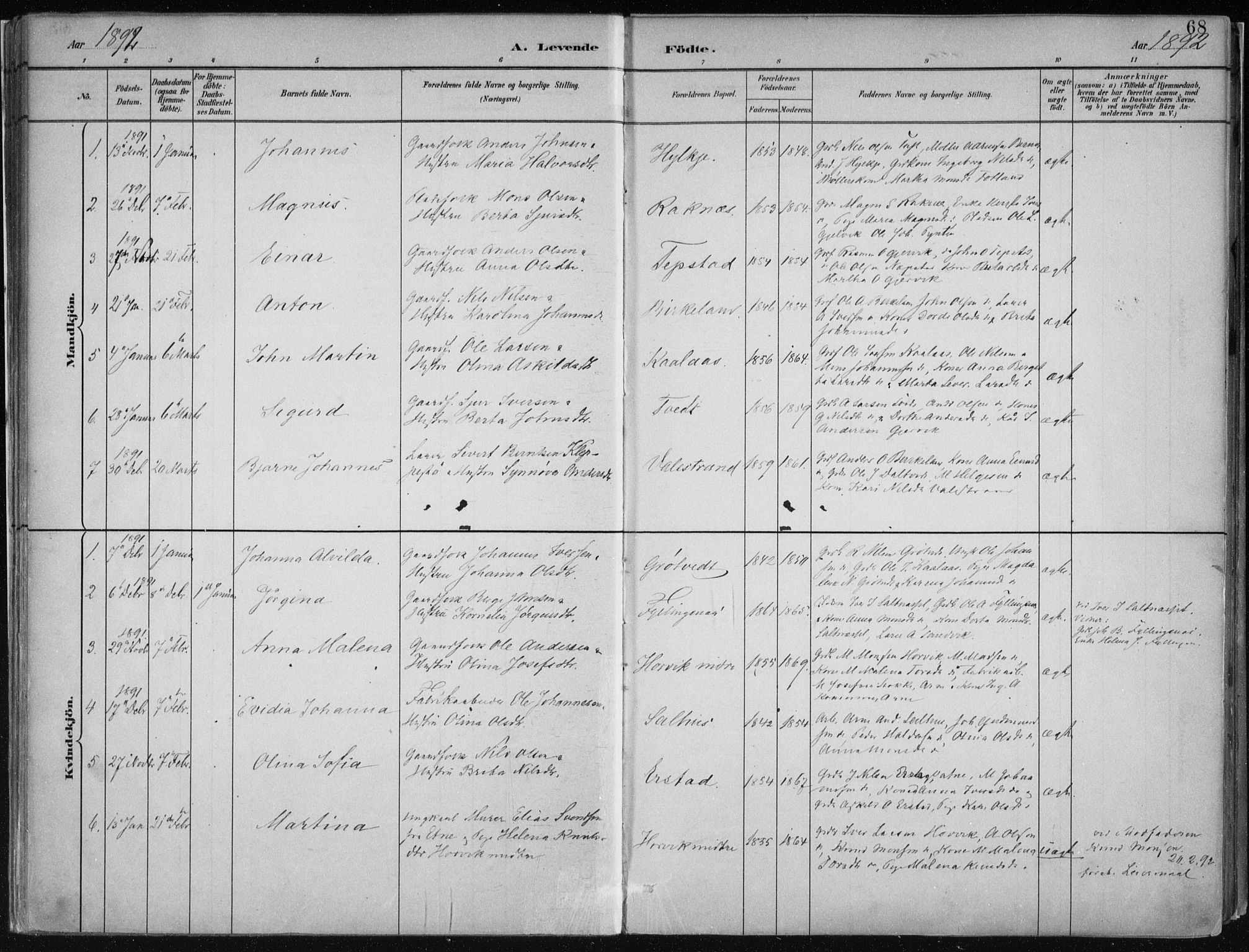 Hamre sokneprestembete, SAB/A-75501/H/Ha/Haa/Haab/L0001: Parish register (official) no. B  1, 1882-1905, p. 68