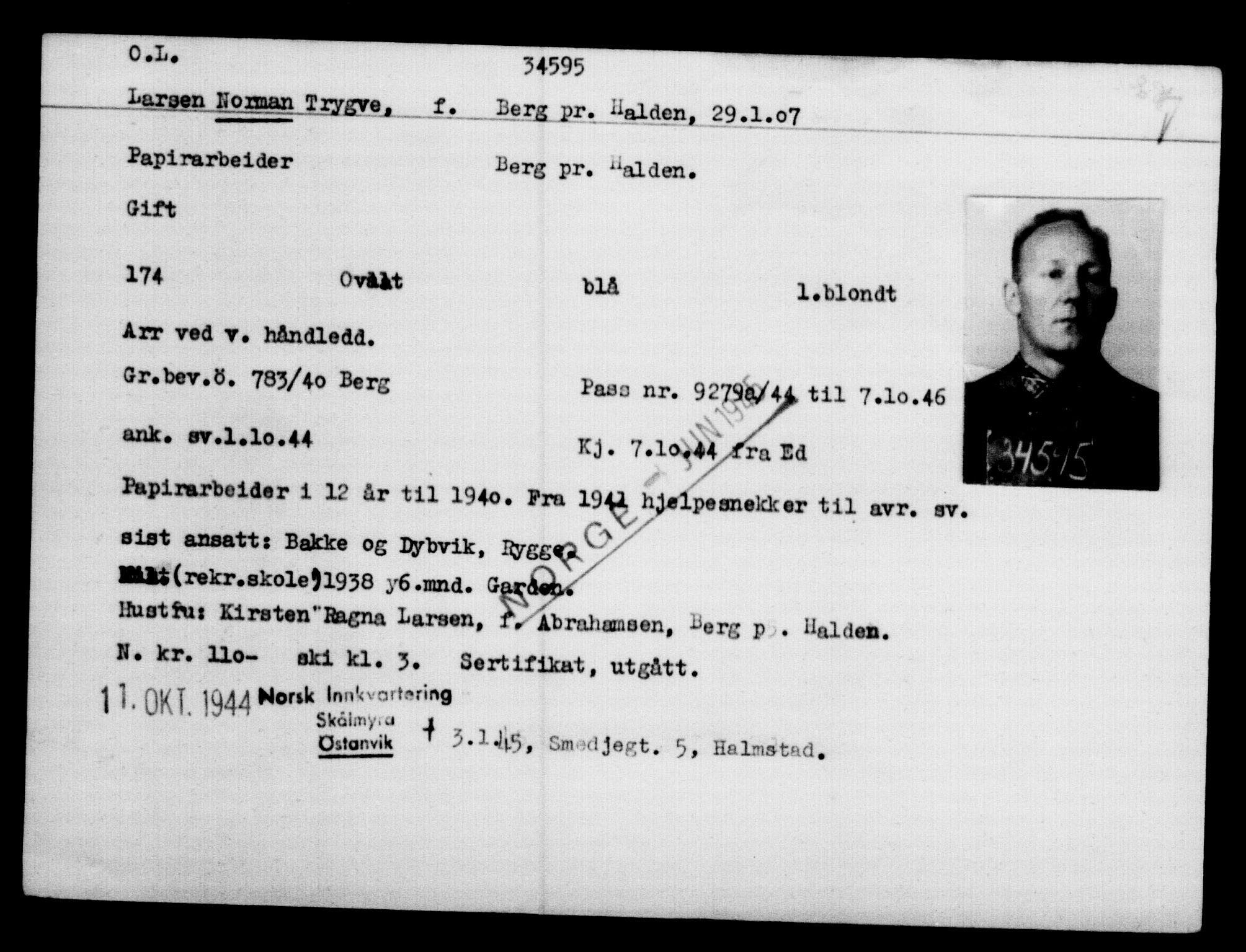 Utenriksstasjonene, Legasjonen i Stockholm, Flyktningkontoret, AV/RA-S-6753/V/Va/L0013: Kjesäterkartoteket, flyktninger med registreringsnr. 31500-34731, 1940-1945, p. 3260