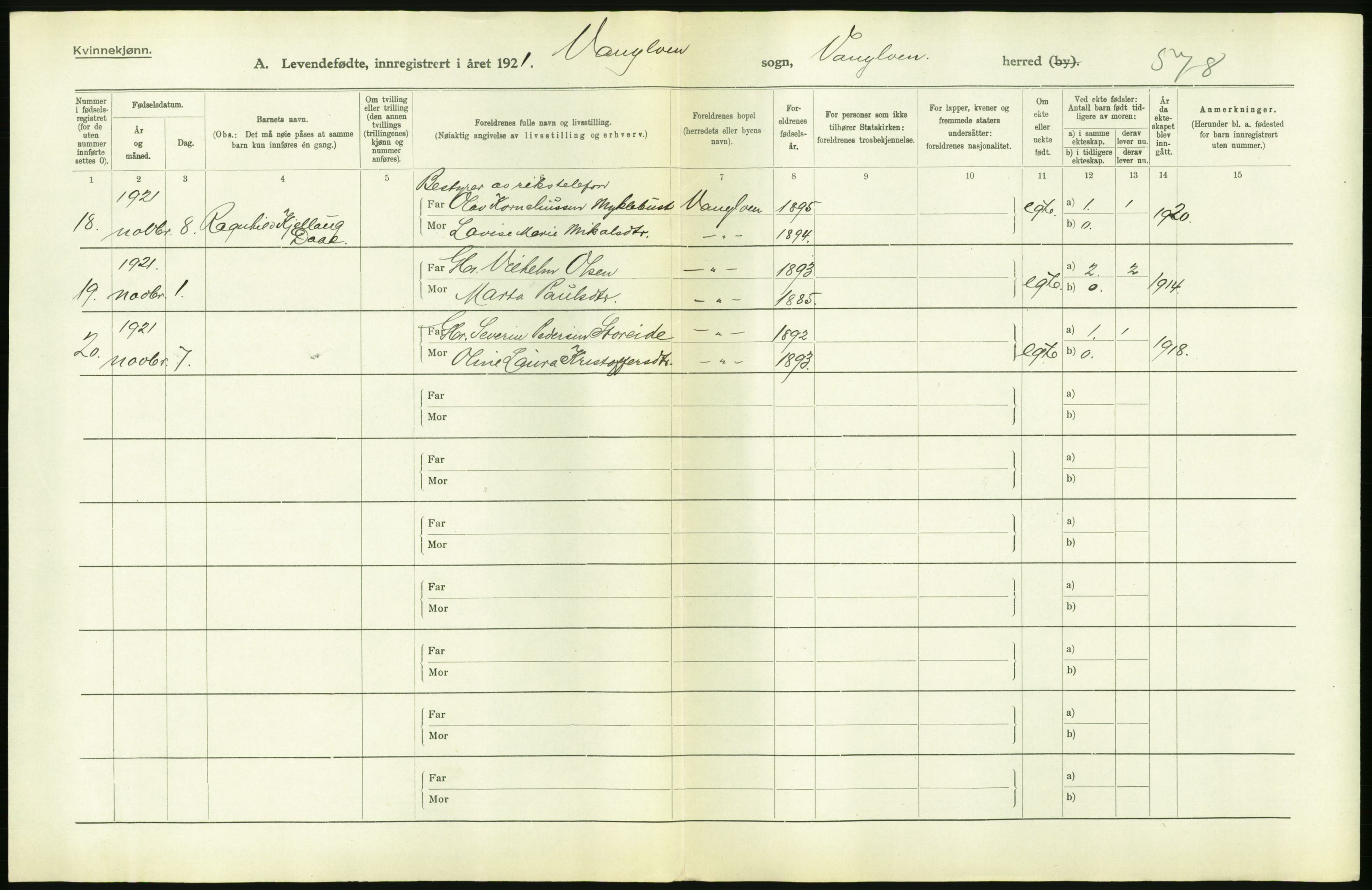 Statistisk sentralbyrå, Sosiodemografiske emner, Befolkning, RA/S-2228/D/Df/Dfc/Dfca/L0040: Møre fylke: Levendefødte menn og kvinner. Bygder., 1921, p. 164