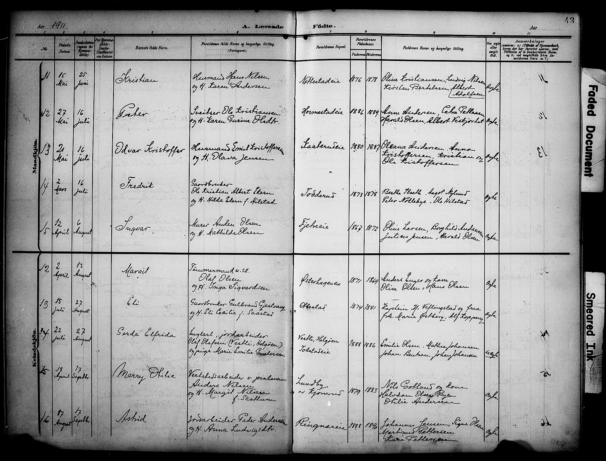 Stange prestekontor, AV/SAH-PREST-002/K/L0022: Parish register (official) no. 22, 1903-1914, p. 43