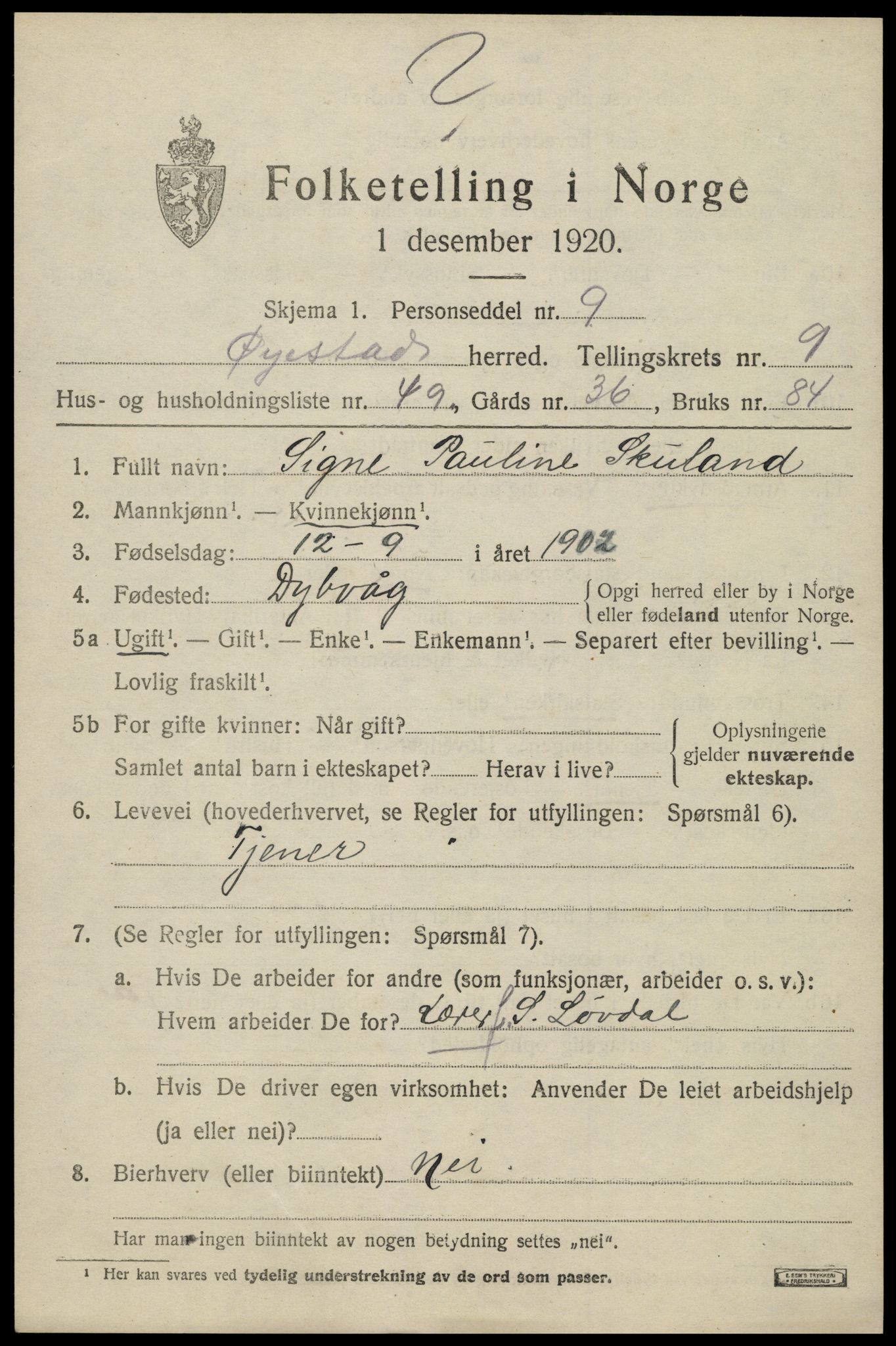 SAK, 1920 census for Øyestad, 1920, p. 6392