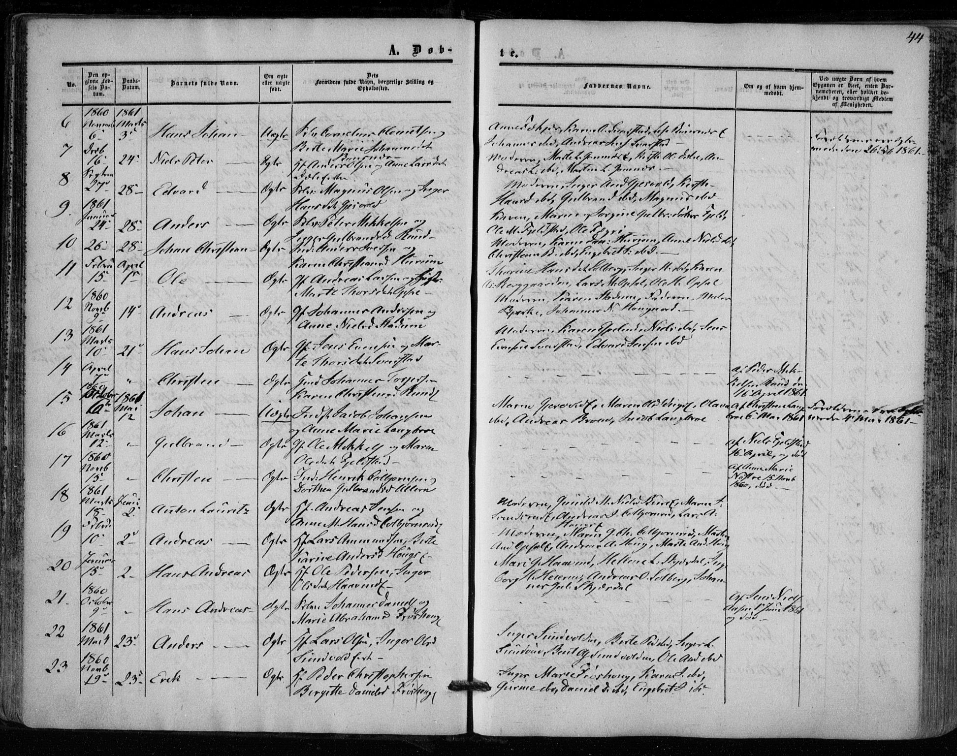 Hole kirkebøker, SAKO/A-228/F/Fa/L0006: Parish register (official) no. I 6, 1852-1872, p. 44