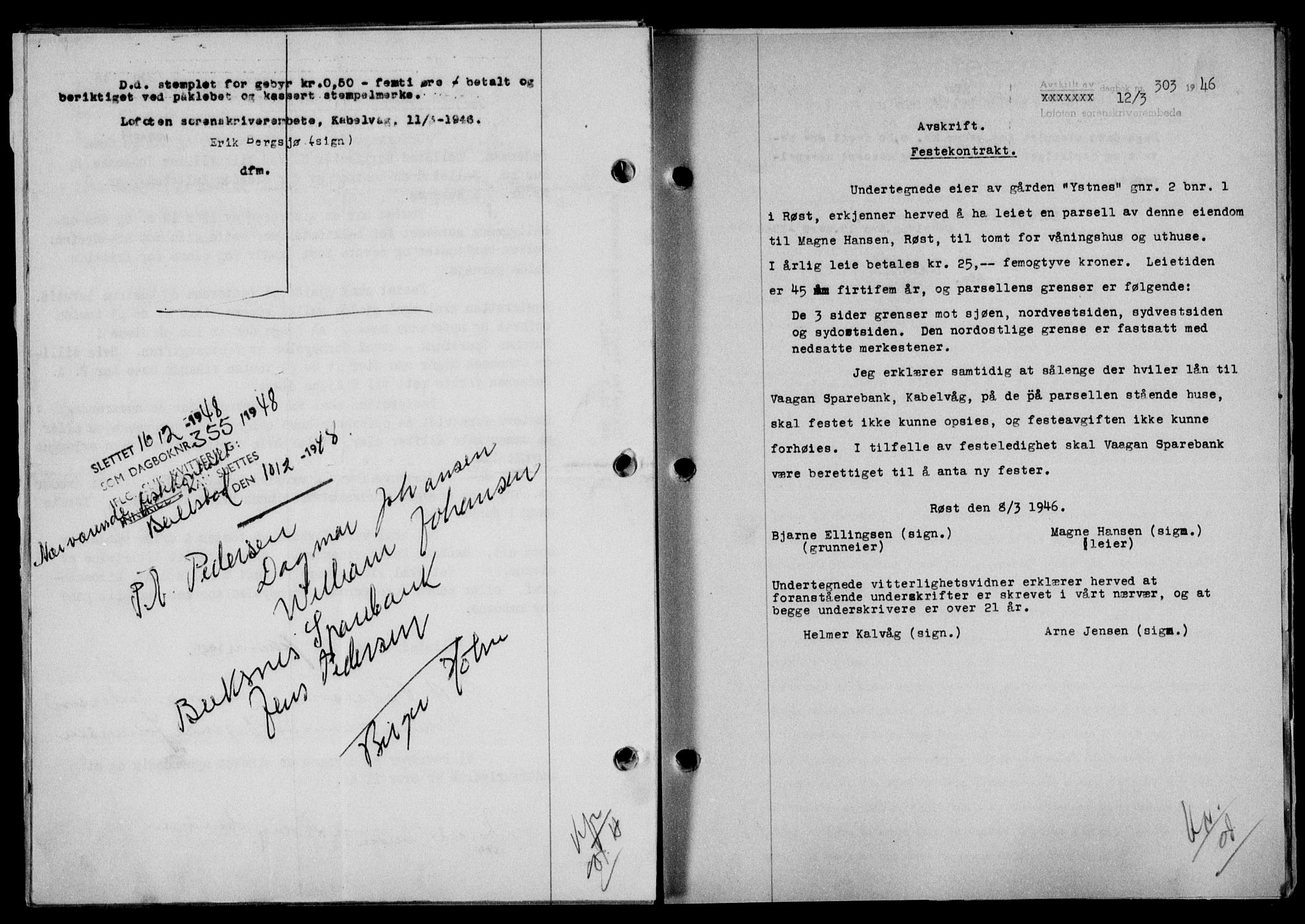 Lofoten sorenskriveri, SAT/A-0017/1/2/2C/L0013a: Mortgage book no. 13a, 1944-1946, Diary no: : 303/1946