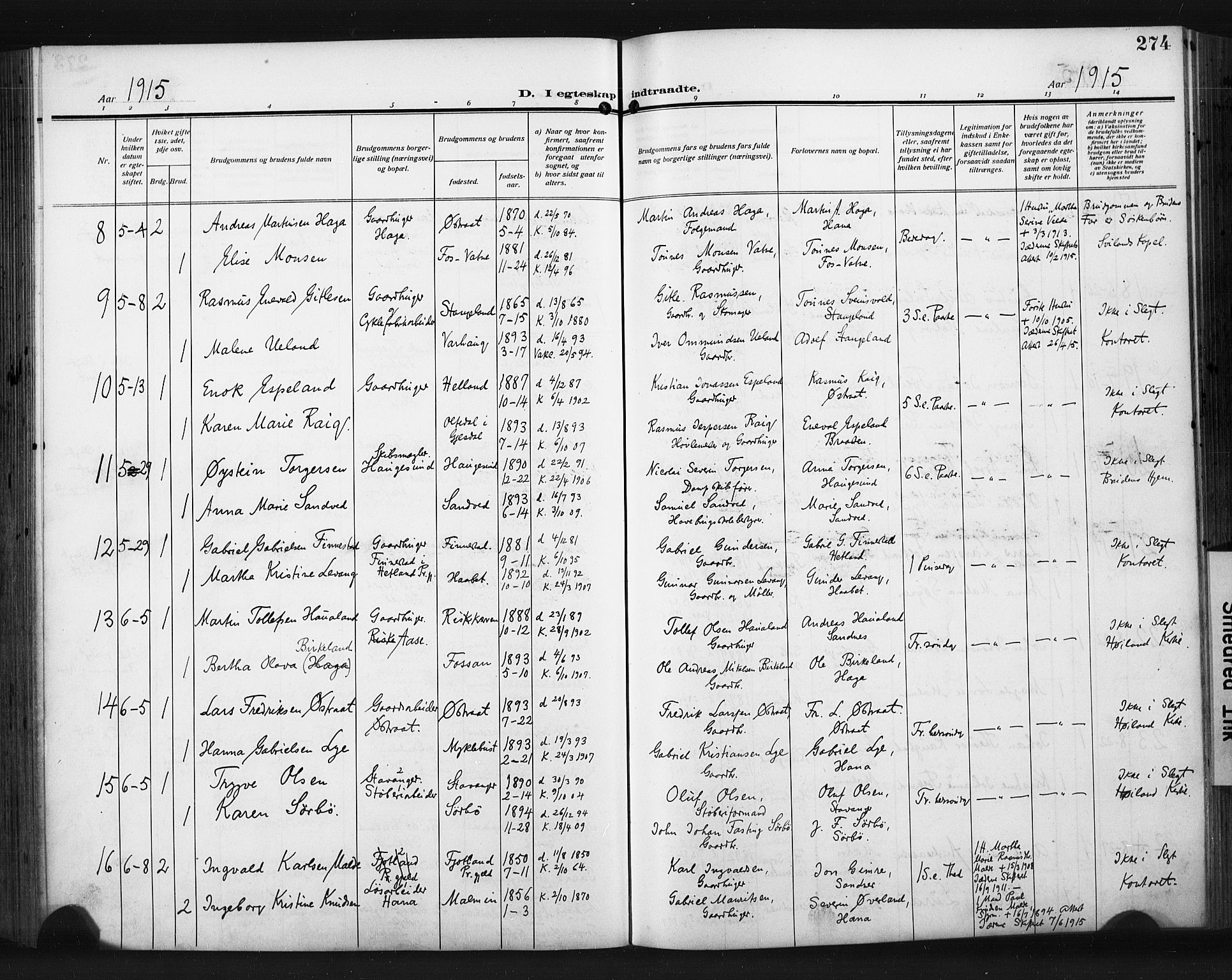 Høyland sokneprestkontor, AV/SAST-A-101799/001/30BA/L0017: Parish register (official) no. A 15, 1912-1924, p. 274