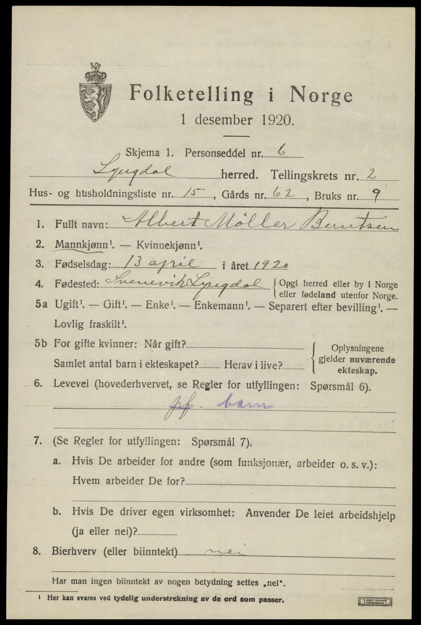 SAK, 1920 census for Lyngdal, 1920, p. 1717