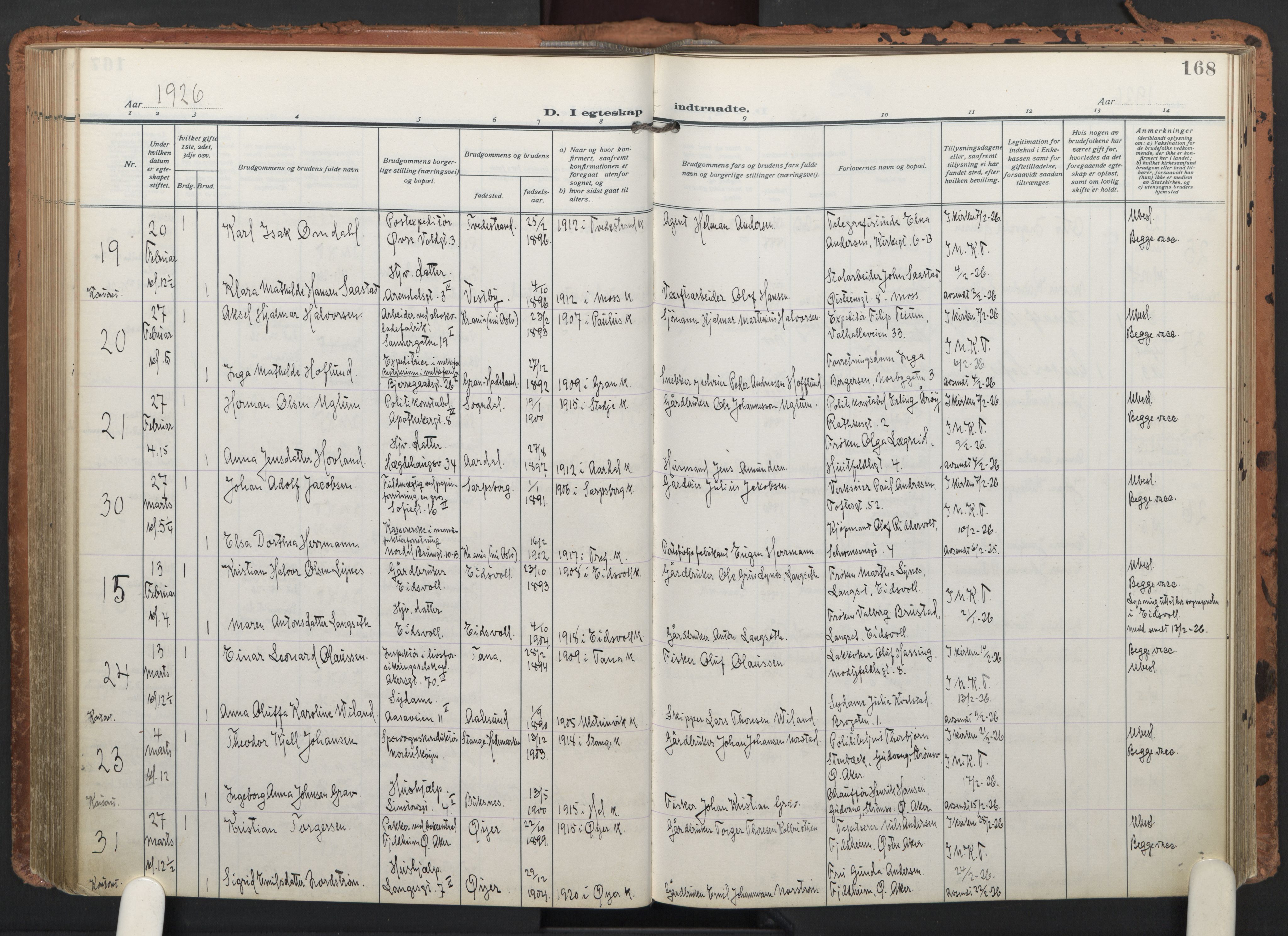 Trefoldighet prestekontor Kirkebøker, AV/SAO-A-10882/F/Fc/L0008: Parish register (official) no. III 8, 1920-1932, p. 168