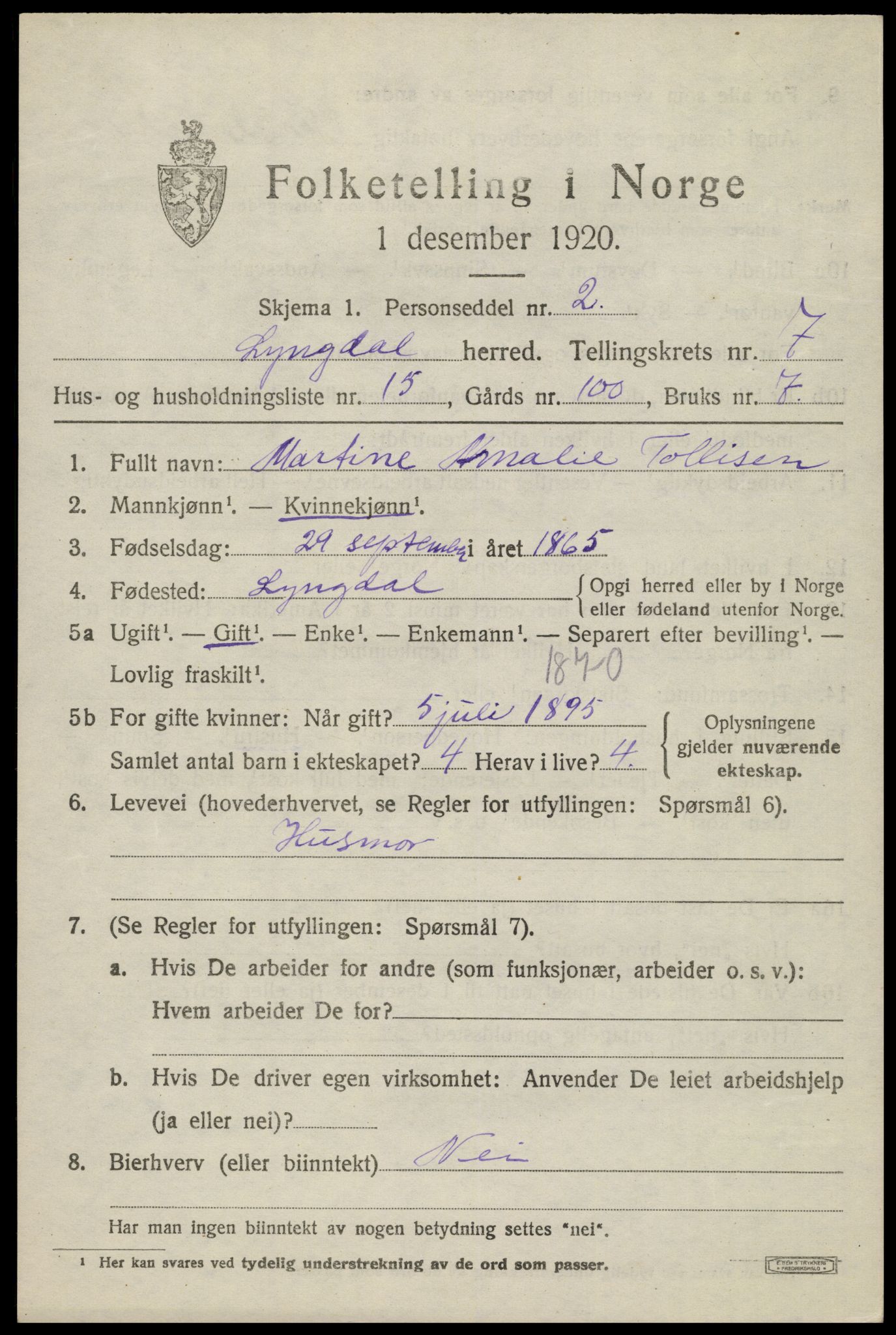 SAK, 1920 census for Lyngdal, 1920, p. 3981