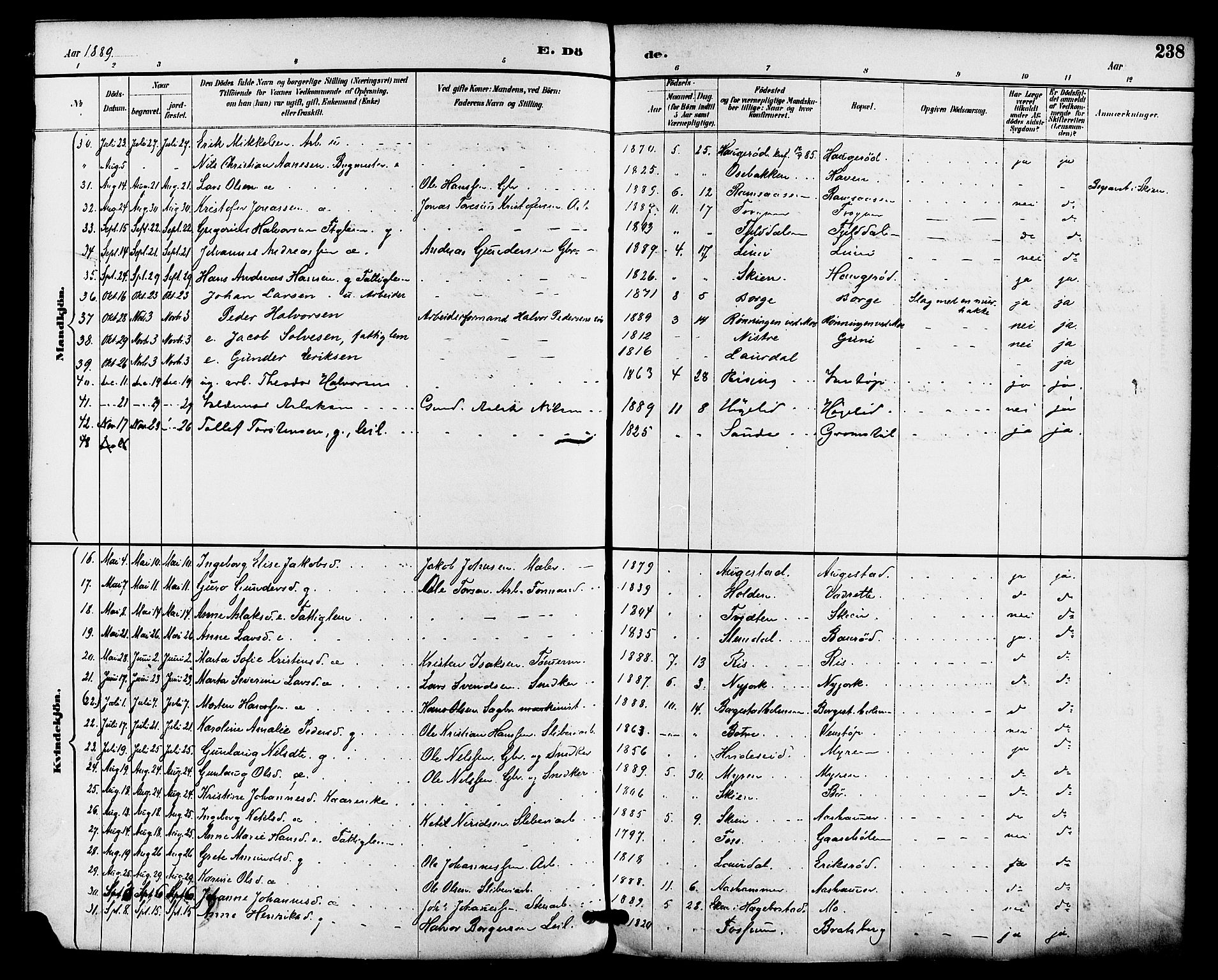 Gjerpen kirkebøker, AV/SAKO-A-265/F/Fa/L0010: Parish register (official) no. I 10, 1886-1895, p. 238