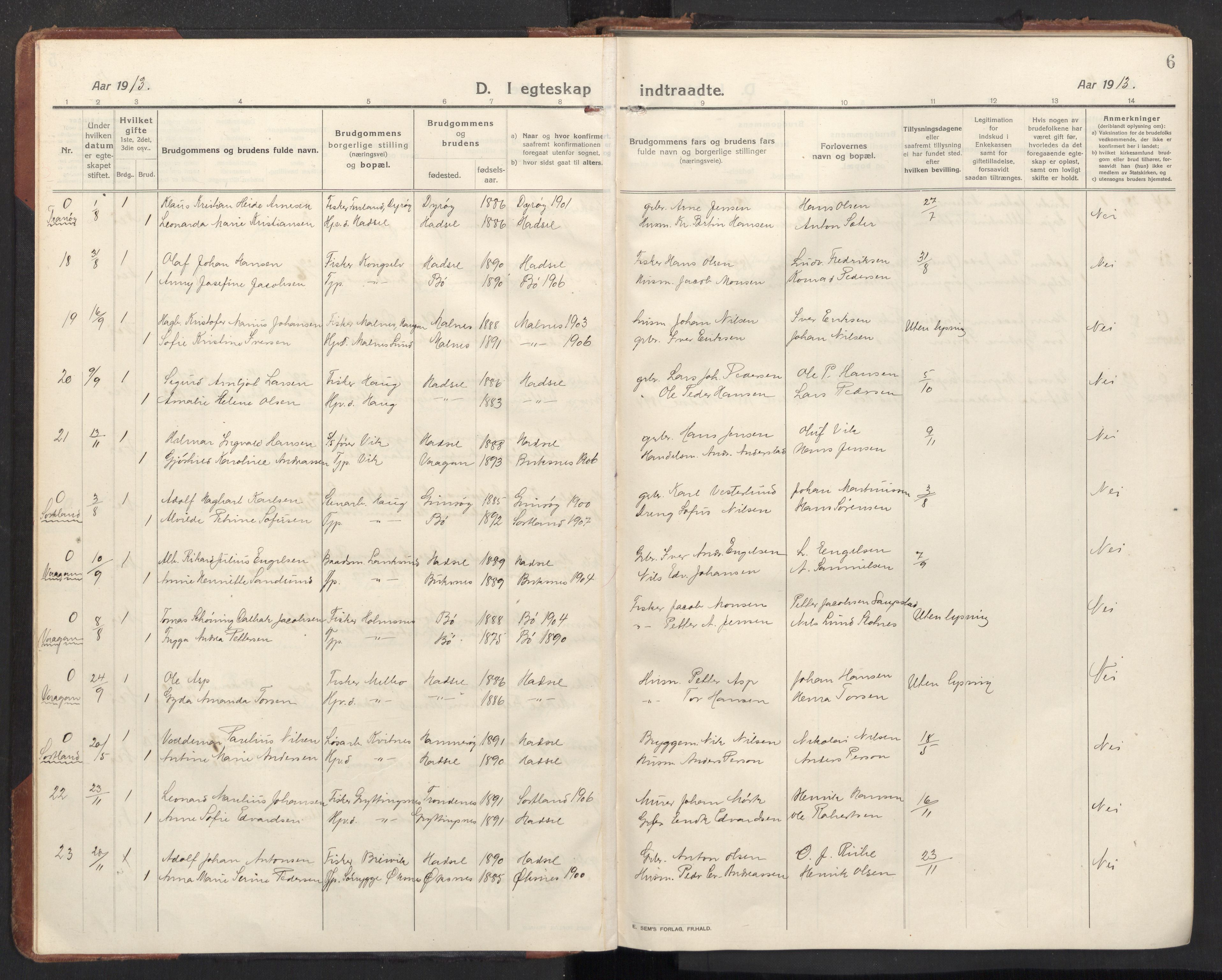 Ministerialprotokoller, klokkerbøker og fødselsregistre - Nordland, AV/SAT-A-1459/888/L1269: Parish register (copy) no. 888C11, 1913-1937, p. 6