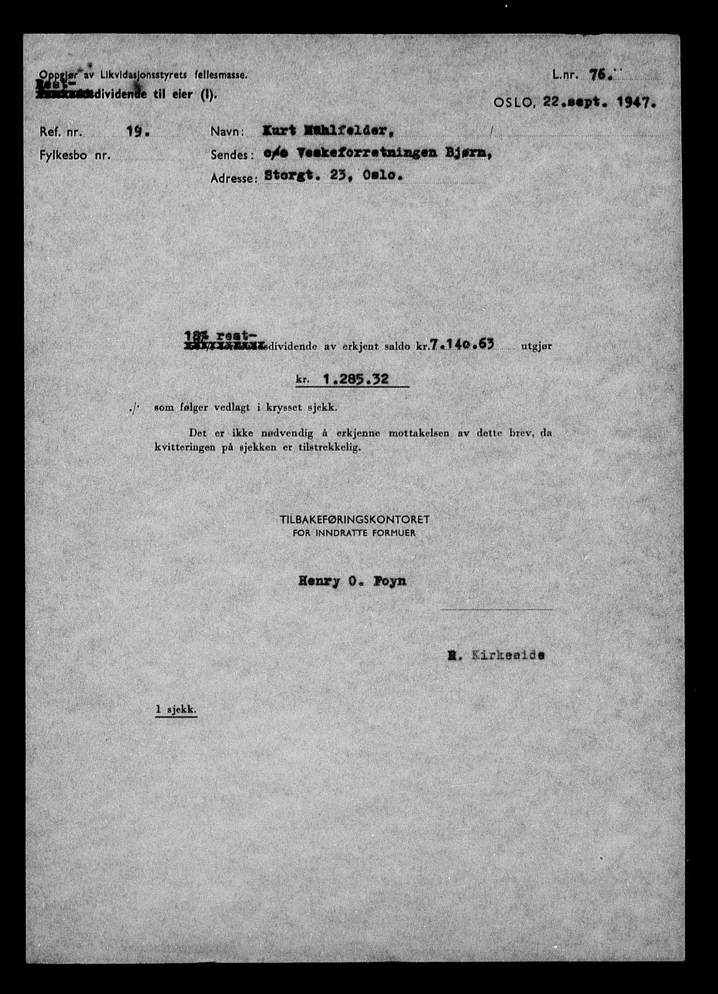 Justisdepartementet, Tilbakeføringskontoret for inndratte formuer, AV/RA-S-1564/H/Hc/Hcc/L0966: --, 1945-1947, p. 385