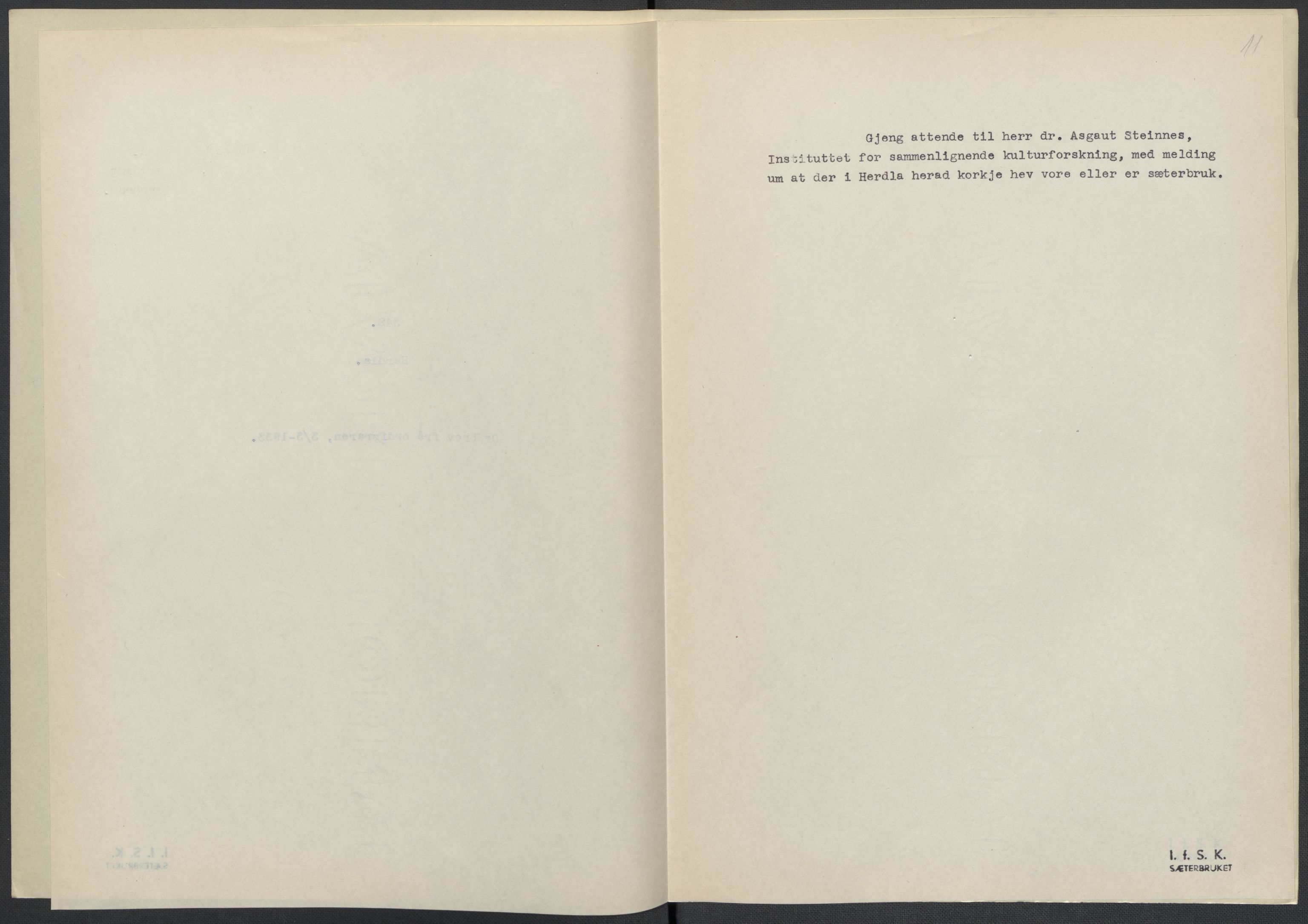 Instituttet for sammenlignende kulturforskning, AV/RA-PA-0424/F/Fc/L0010/0002: Eske B10: / Hordaland (perm XXVI), 1932-1935, p. 11