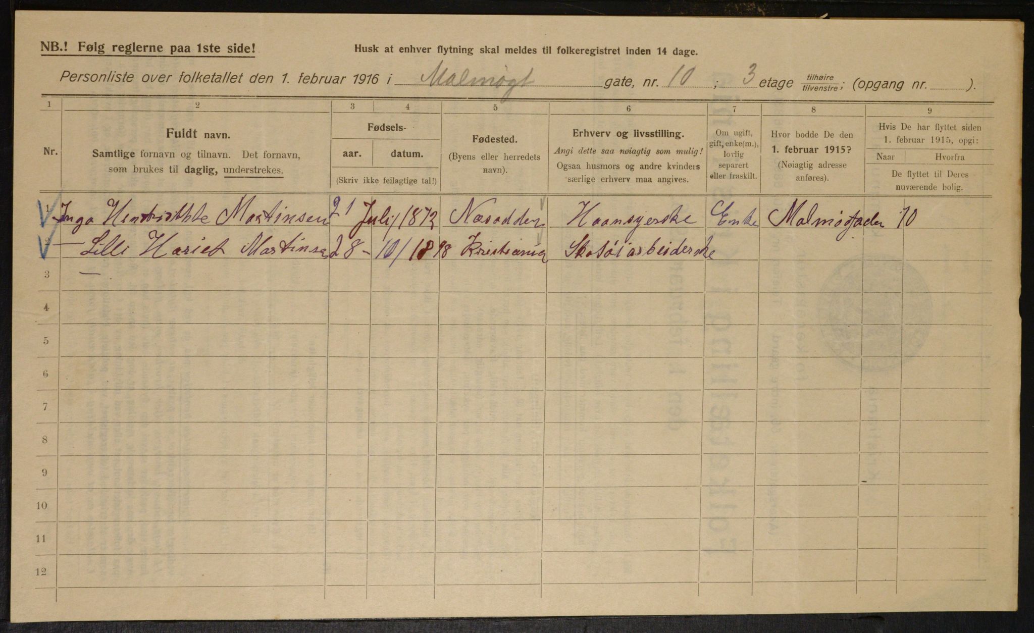 OBA, Municipal Census 1916 for Kristiania, 1916, p. 61465