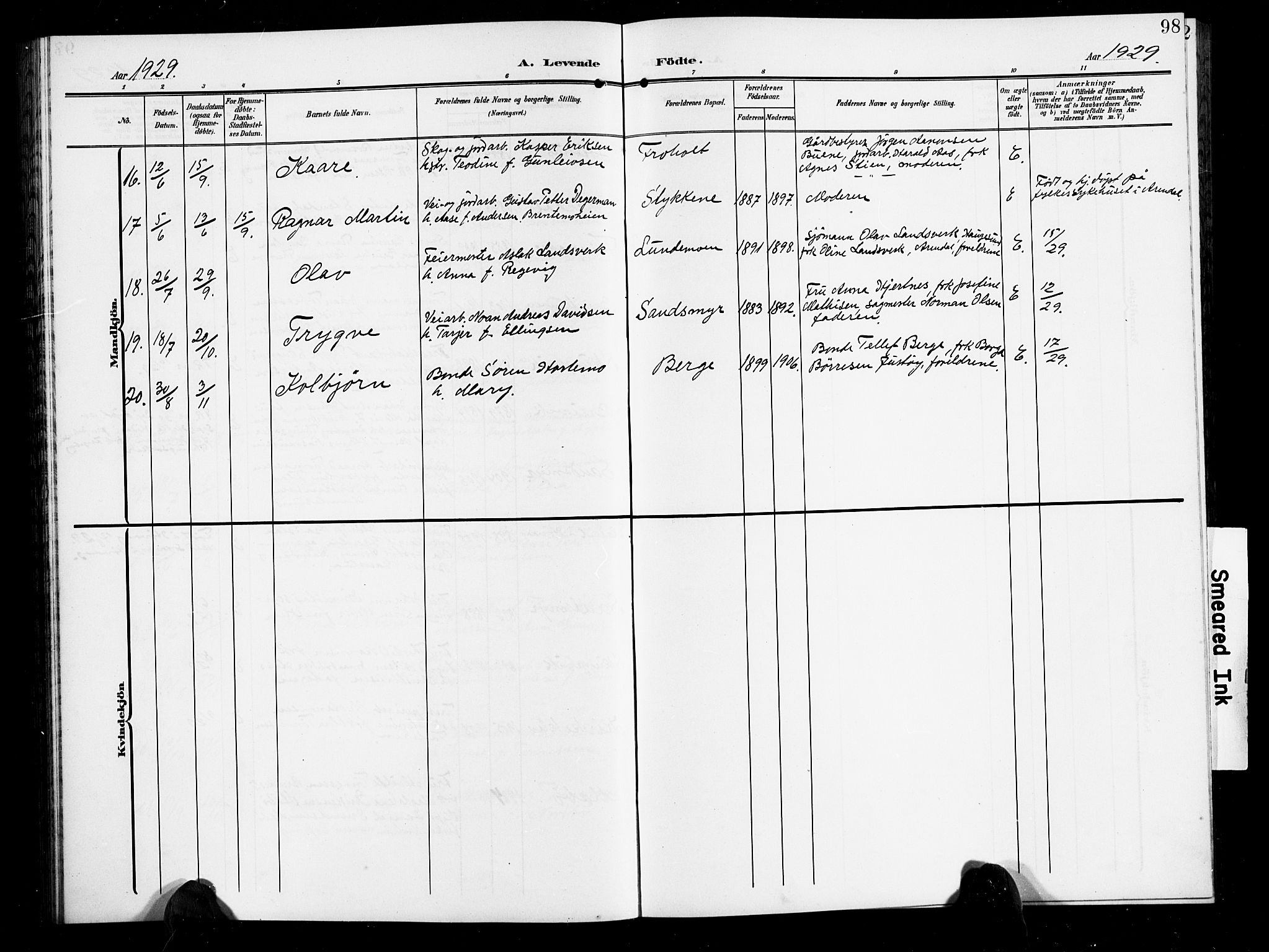 Vestre Moland sokneprestkontor, AV/SAK-1111-0046/F/Fb/Fbb/L0007: Parish register (copy) no. B 7, 1906-1929, p. 98