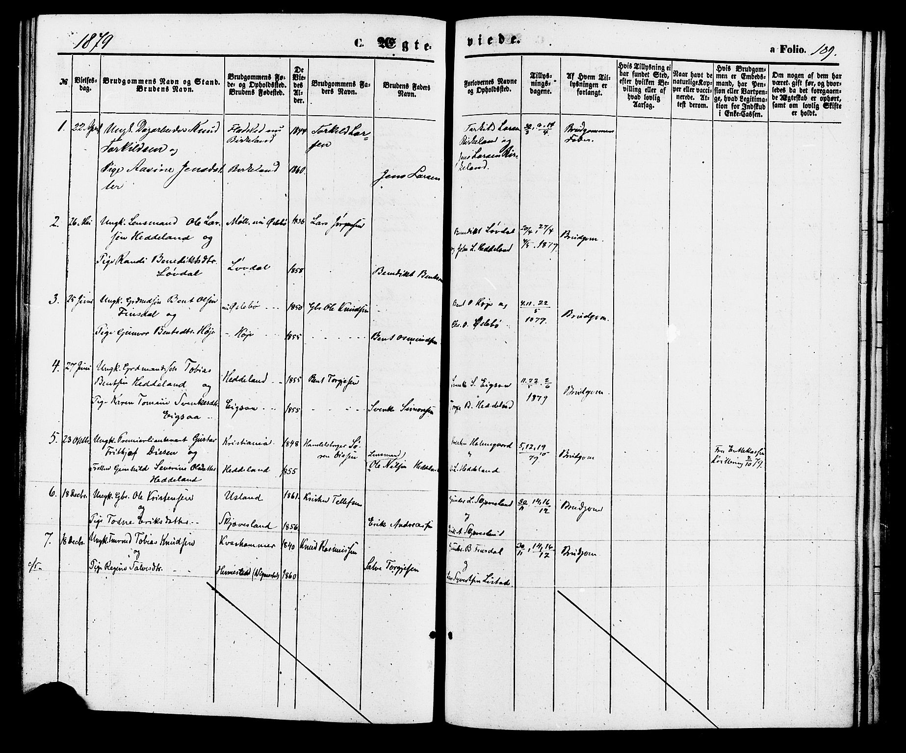 Holum sokneprestkontor, SAK/1111-0022/F/Fa/Fac/L0003: Parish register (official) no. A 3, 1860-1883, p. 189