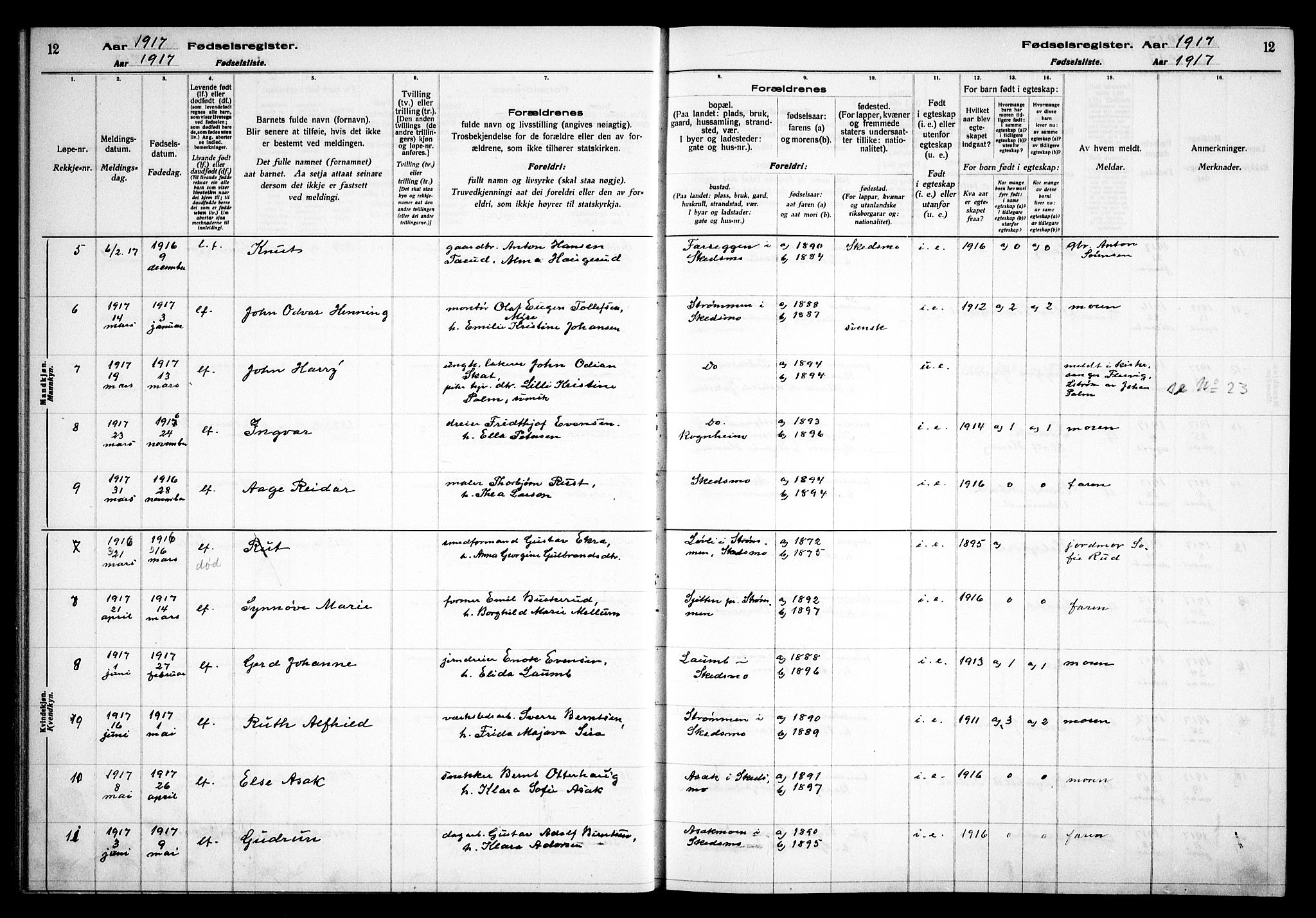 Skedsmo prestekontor Kirkebøker, AV/SAO-A-10033a/J/Ja/L0001: Birth register no. I 1, 1916-1931, p. 12