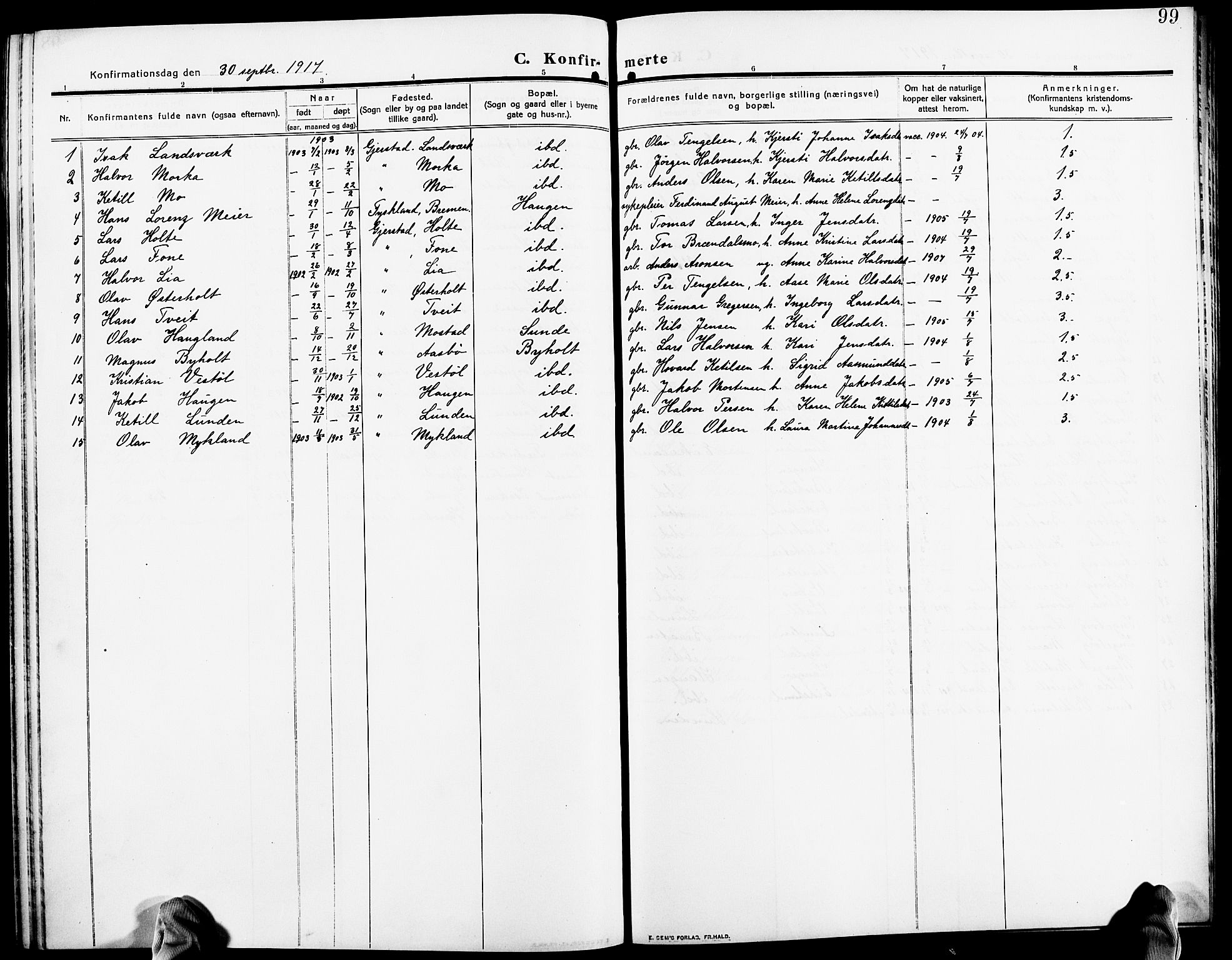Gjerstad sokneprestkontor, SAK/1111-0014/F/Fb/Fba/L0008: Parish register (copy) no. B 8, 1909-1925, p. 99