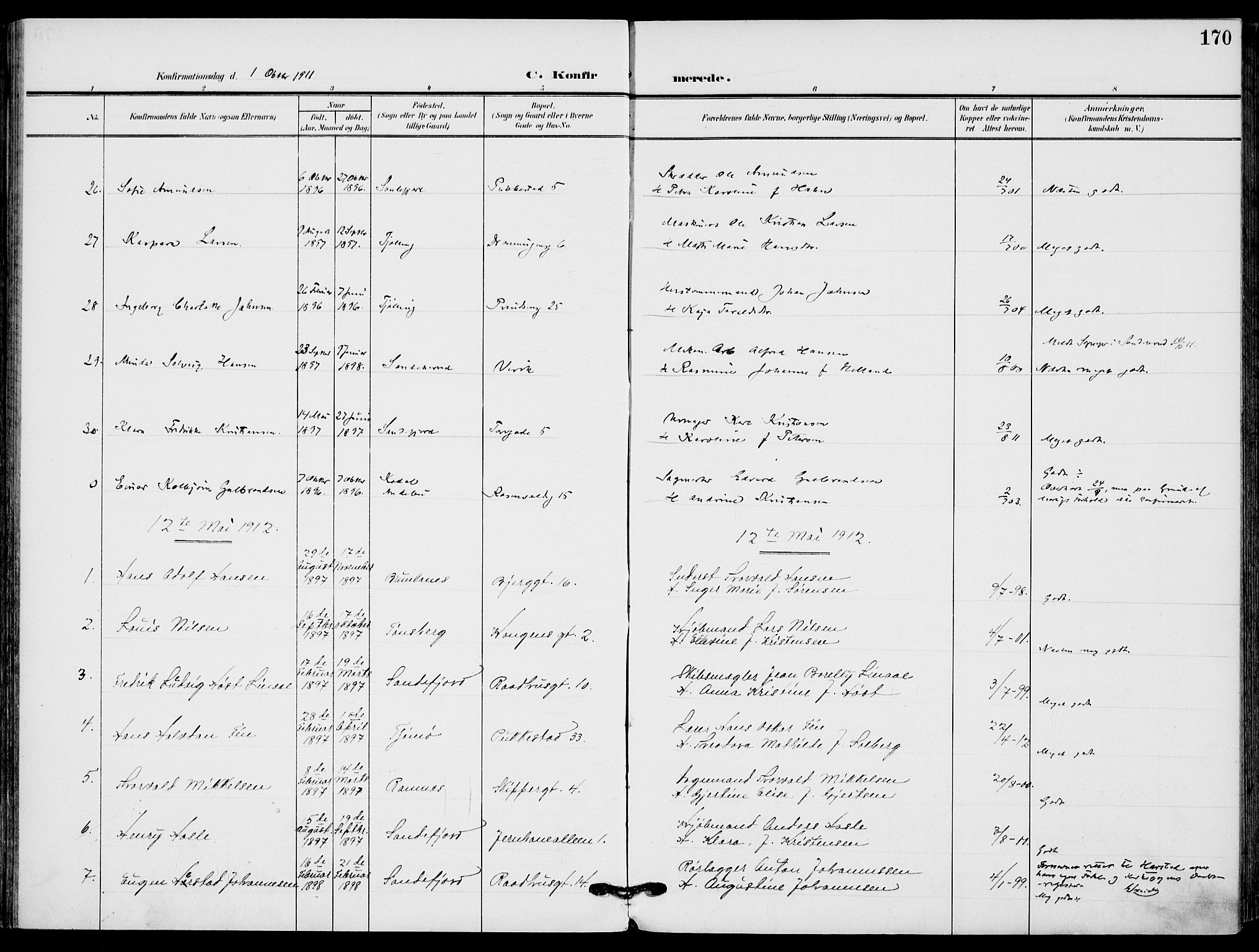 Sandefjord kirkebøker, AV/SAKO-A-315/F/Fa/L0005: Parish register (official) no. 5, 1906-1915, p. 170
