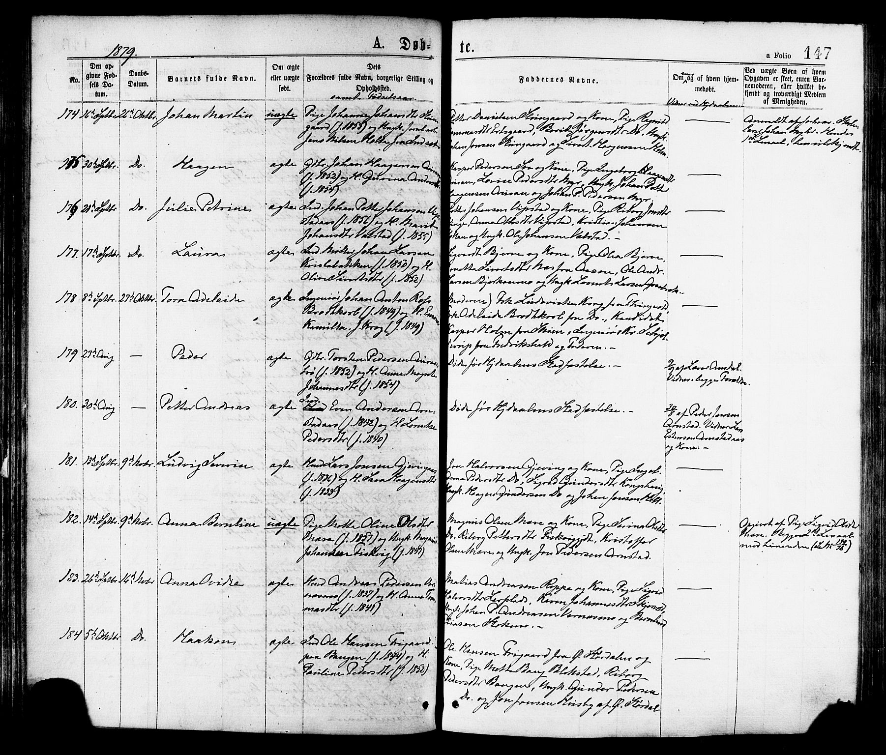 Ministerialprotokoller, klokkerbøker og fødselsregistre - Nord-Trøndelag, AV/SAT-A-1458/709/L0076: Parish register (official) no. 709A16, 1871-1879, p. 147