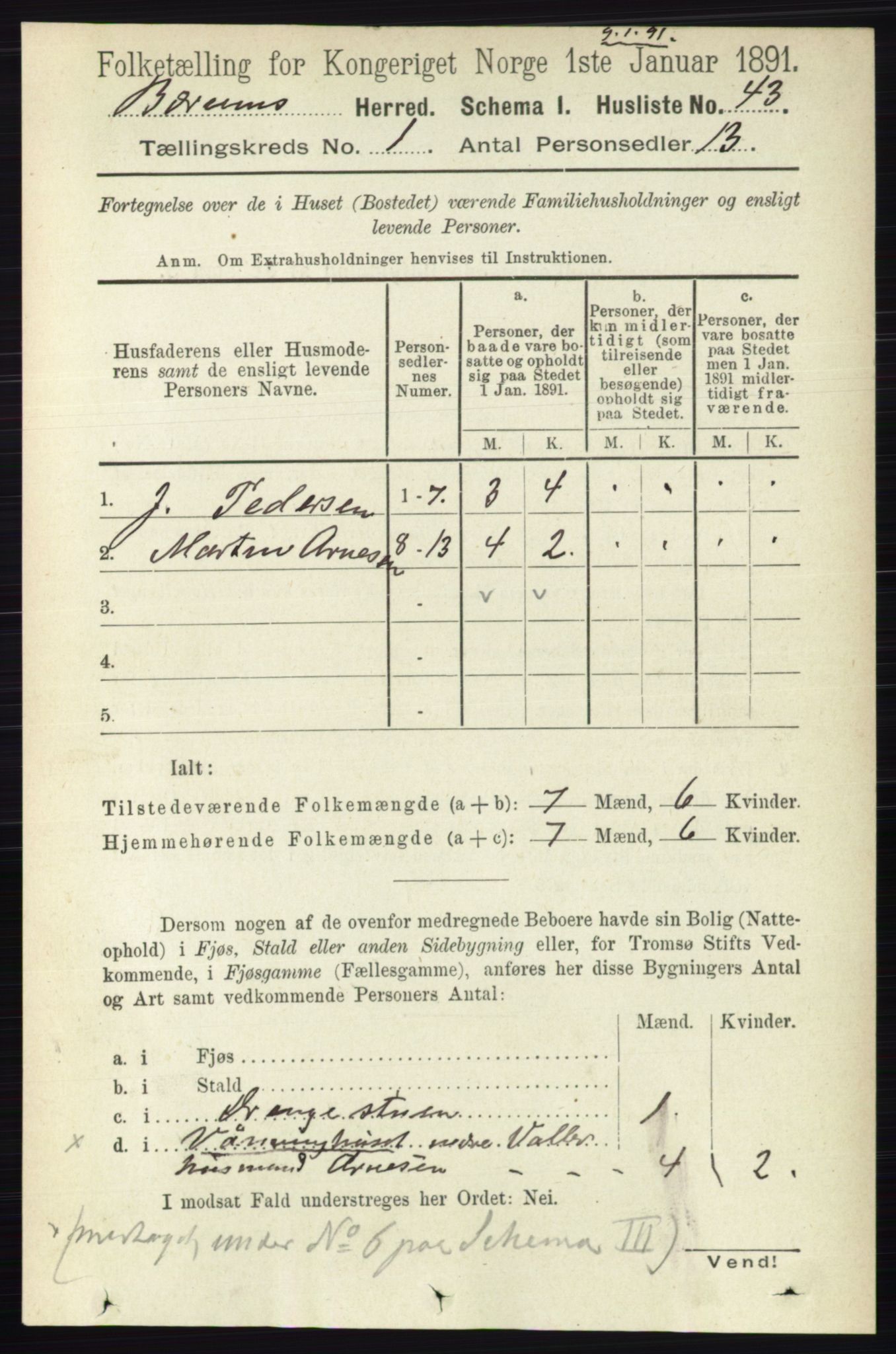RA, 1891 census for 0219 Bærum, 1891, p. 86