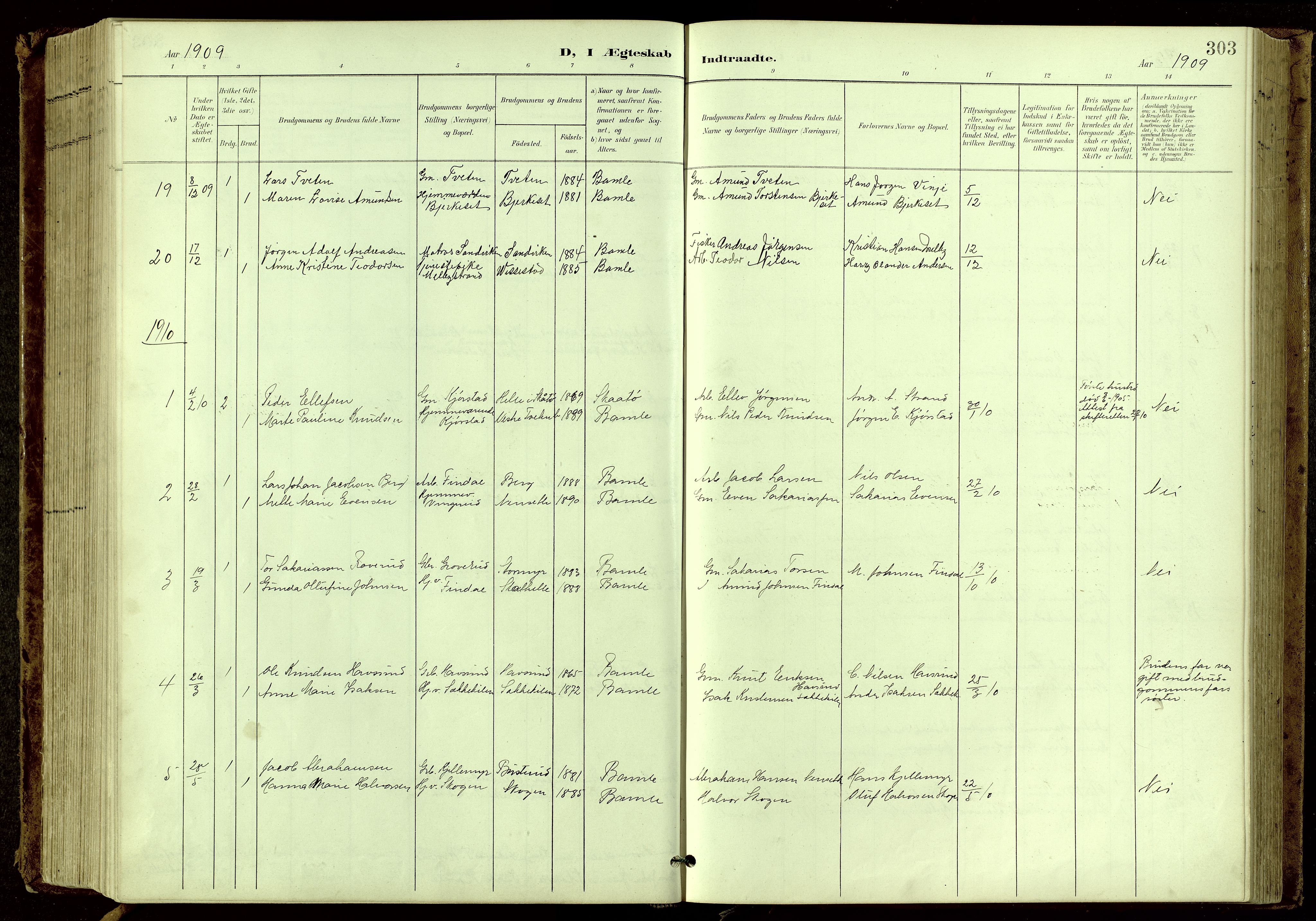 Bamble kirkebøker, SAKO/A-253/G/Ga/L0010: Parish register (copy) no. I 10, 1901-1919, p. 303
