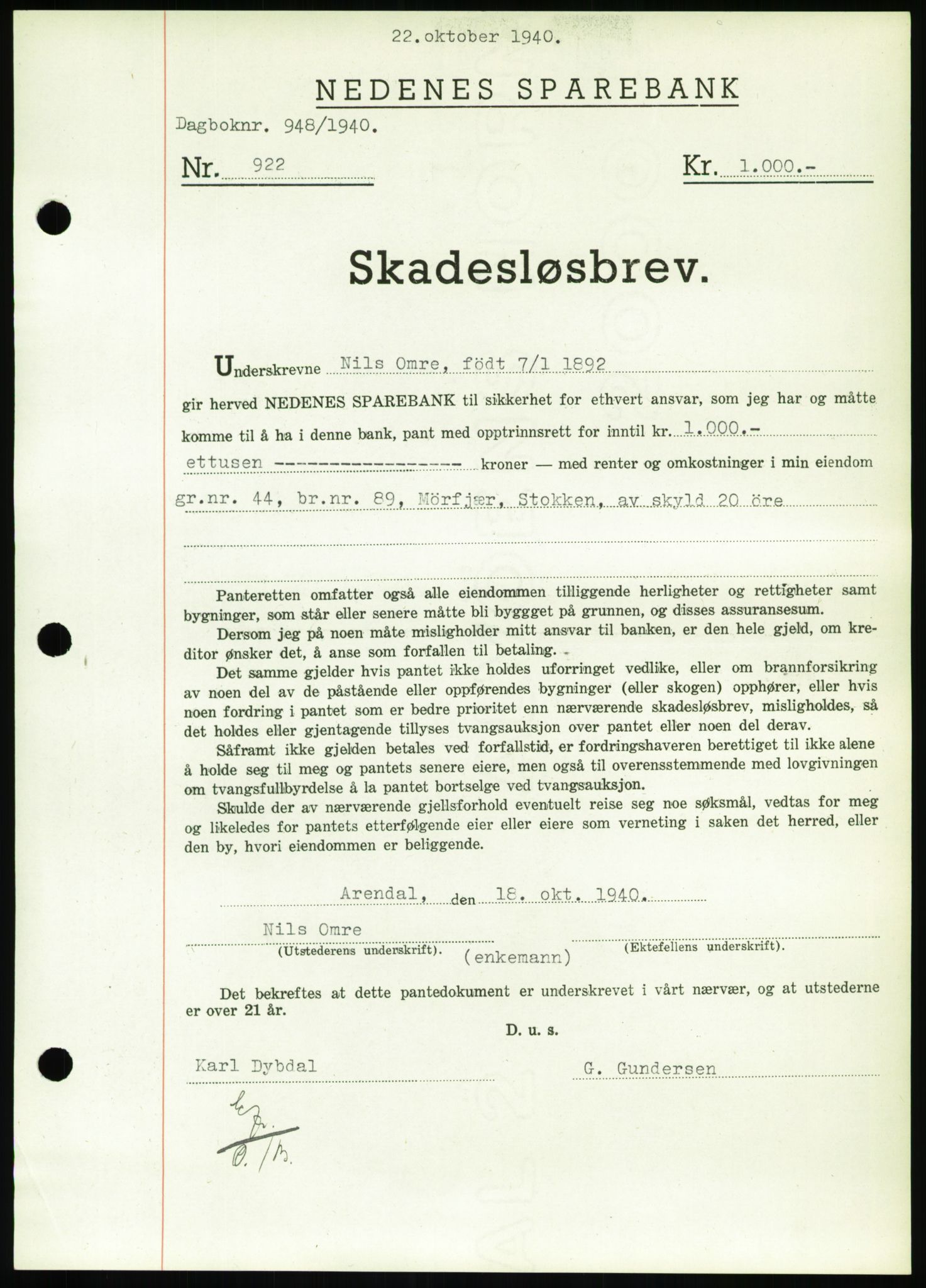 Nedenes sorenskriveri, AV/SAK-1221-0006/G/Gb/Gbb/L0001: Mortgage book no. I, 1939-1942, Diary no: : 948/1940