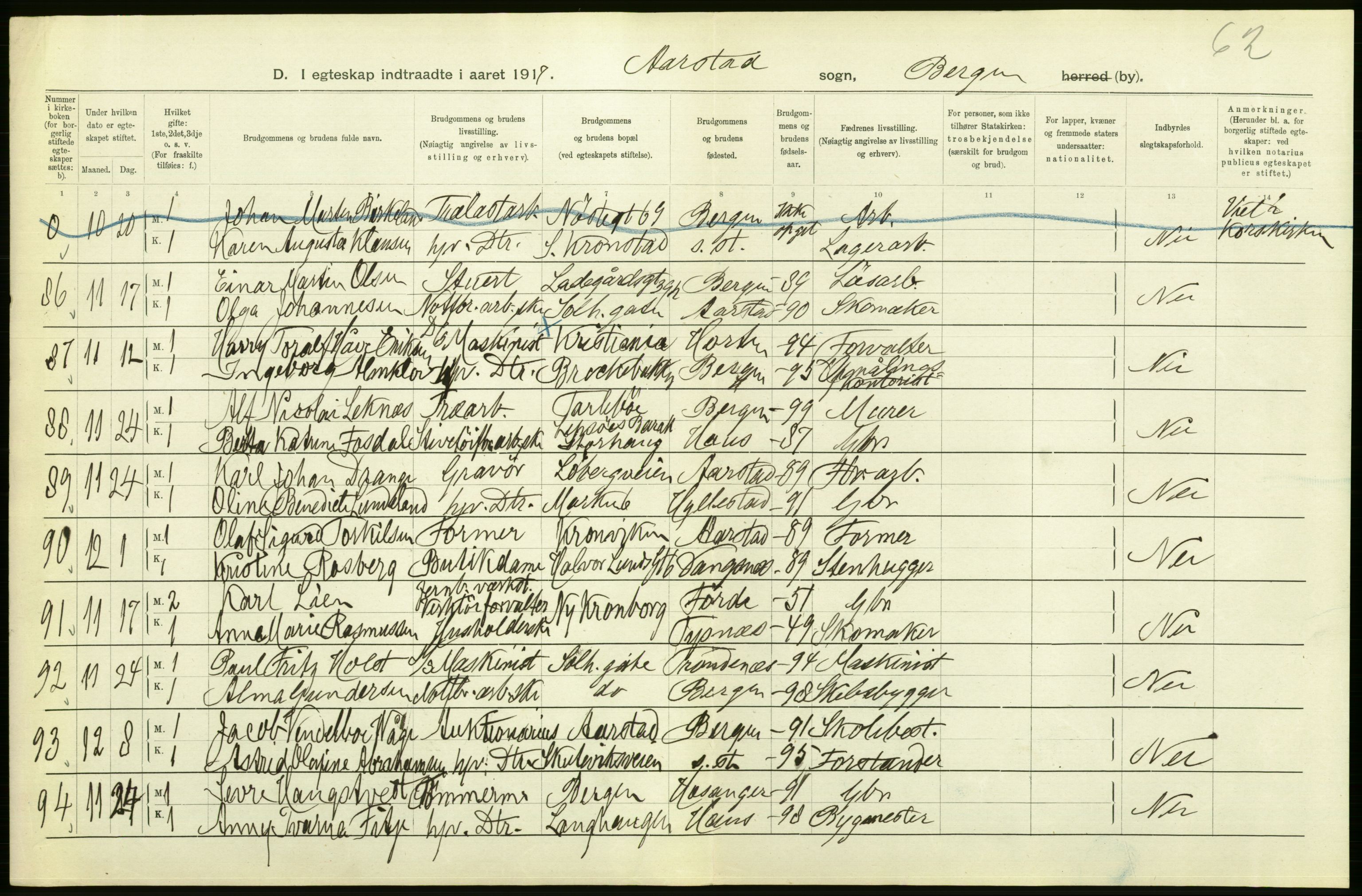 Statistisk sentralbyrå, Sosiodemografiske emner, Befolkning, AV/RA-S-2228/D/Df/Dfb/Dfbg/L0038: Bergen: Gifte, døde, dødfødte., 1917, p. 296