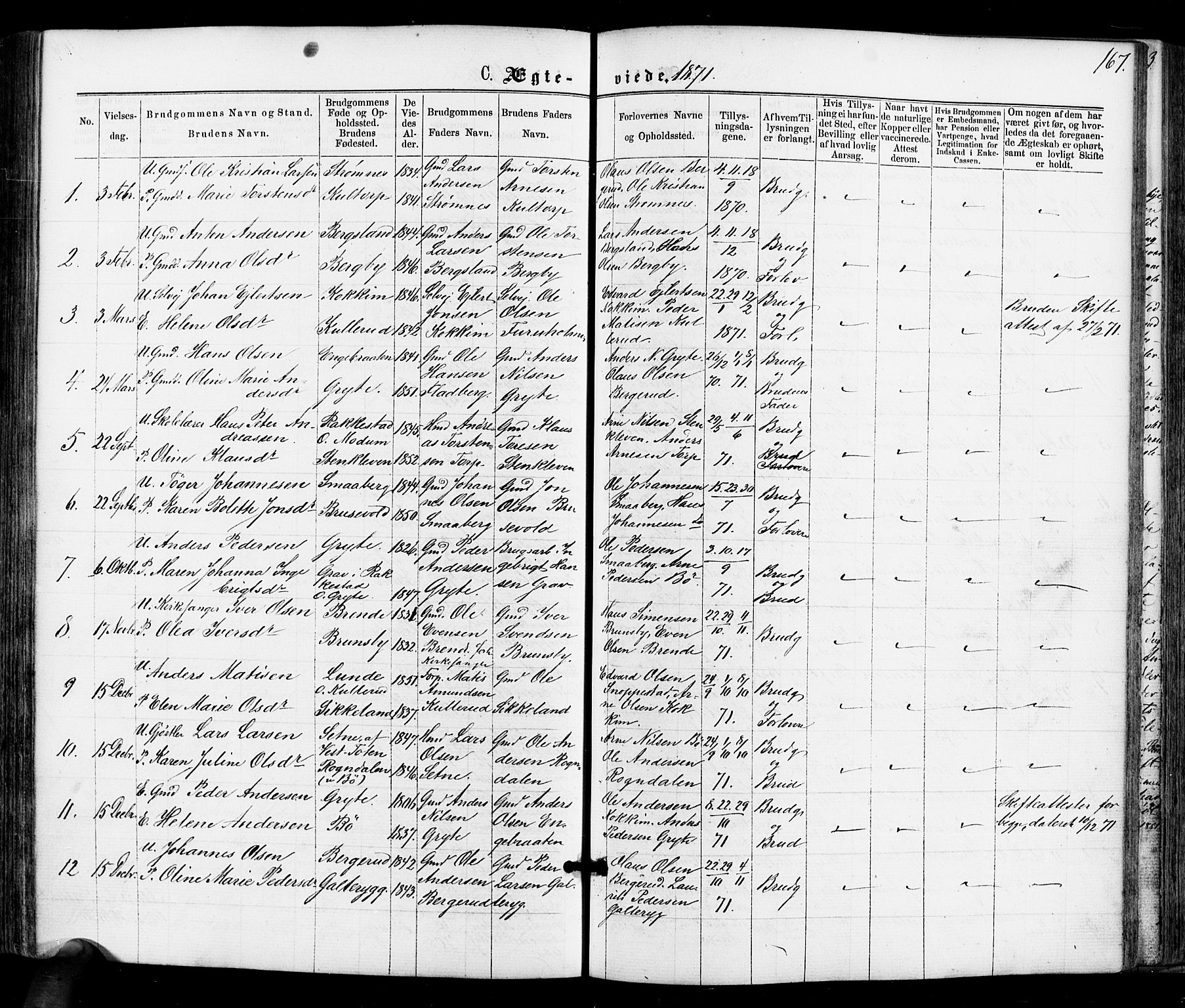 Varteig prestekontor Kirkebøker, SAO/A-10447a/F/Fa/L0001: Parish register (official) no. 1, 1861-1877, p. 167