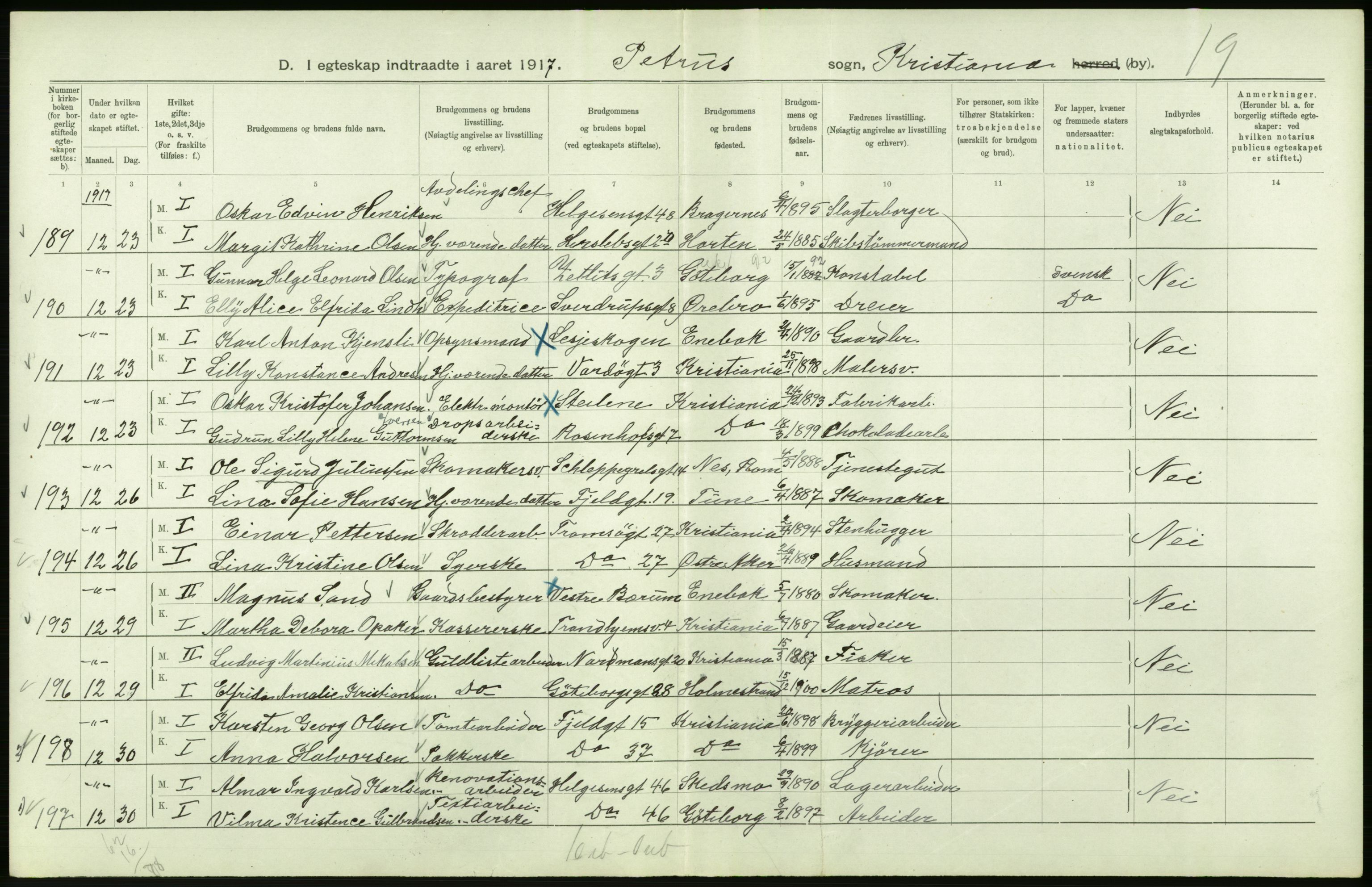 Statistisk sentralbyrå, Sosiodemografiske emner, Befolkning, RA/S-2228/D/Df/Dfb/Dfbg/L0008: Kristiania: Gifte, 1917, p. 196