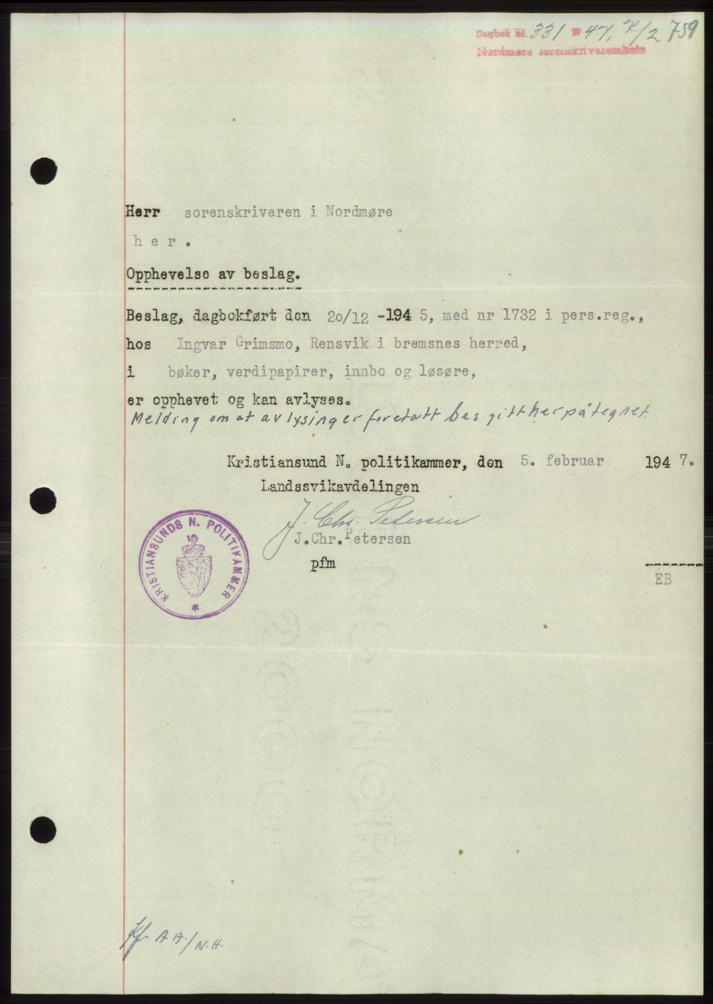 Nordmøre sorenskriveri, AV/SAT-A-4132/1/2/2Ca: Mortgage book no. B95, 1946-1947, Diary no: : 331/1947