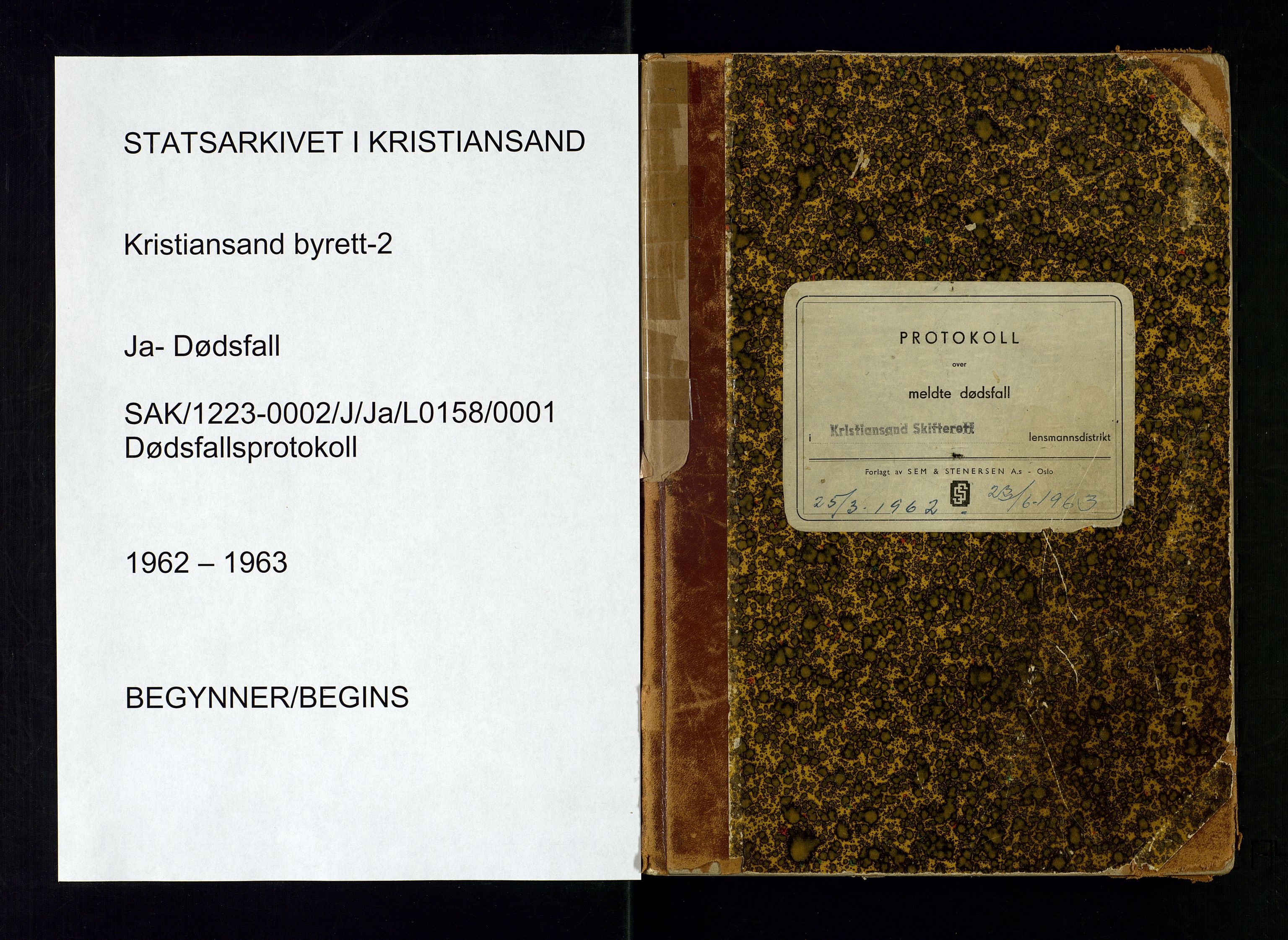Kristiansand byrett - 2, SAK/1223-0002/J/Ja/L0158/0001: Dødsfallsprotokoller / Dødsfallsprotokoll, 1962-1963