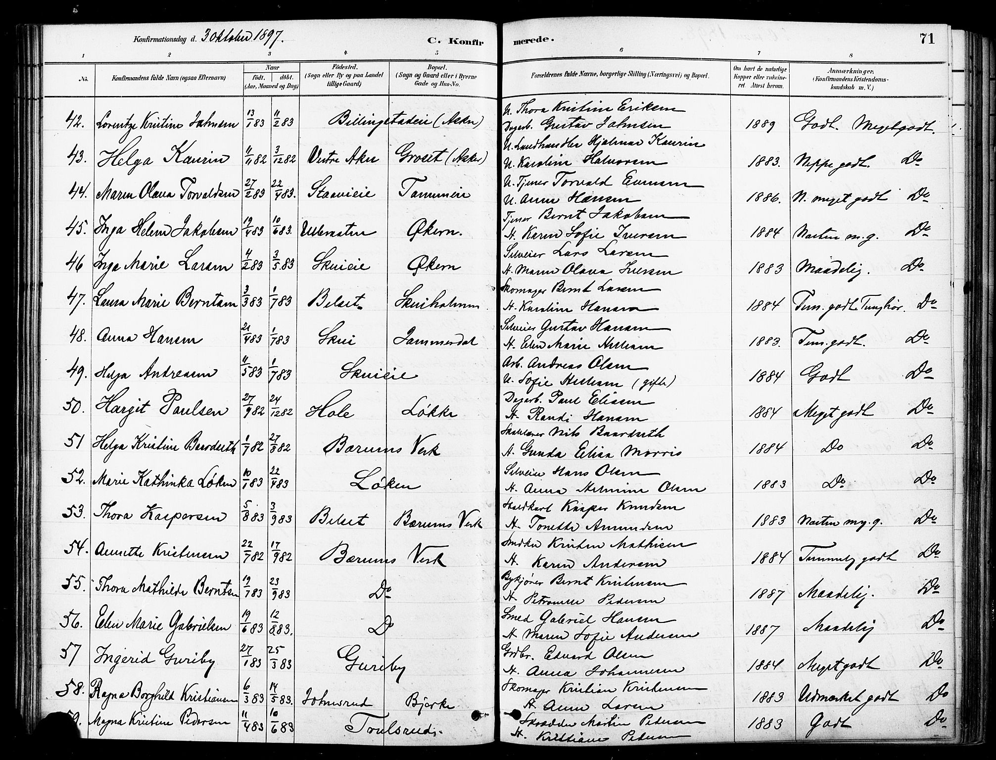 Asker prestekontor Kirkebøker, SAO/A-10256a/F/Fb/L0002: Parish register (official) no. II 2, 1879-1921, p. 71