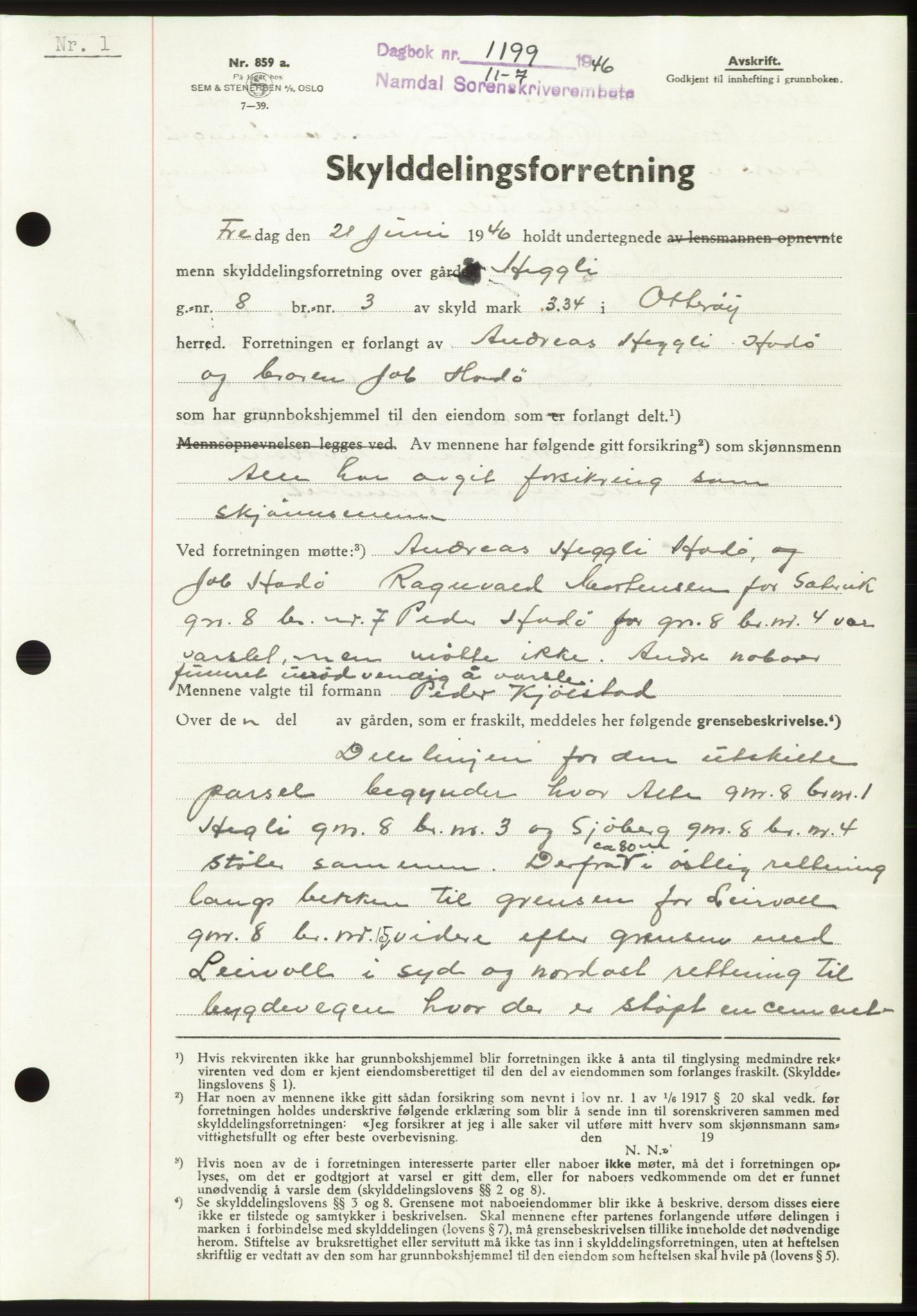 Namdal sorenskriveri, AV/SAT-A-4133/1/2/2C: Mortgage book no. -, 1946-1946, Diary no: : 1199/1946