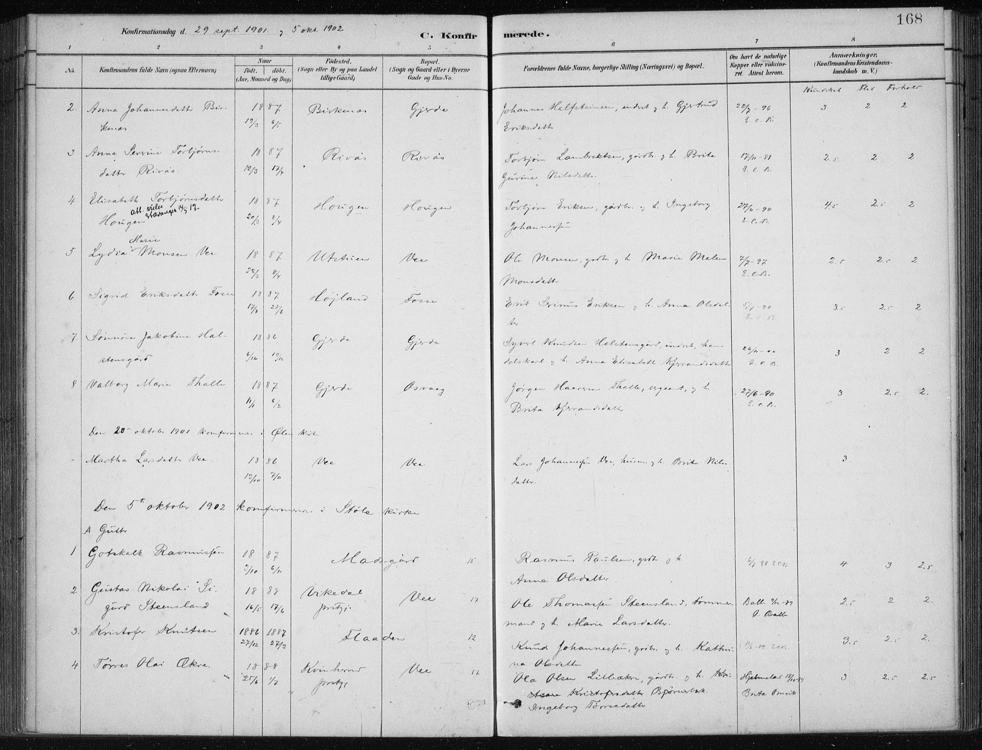 Etne sokneprestembete, SAB/A-75001/H/Haa: Parish register (official) no. C  1, 1879-1919, p. 168