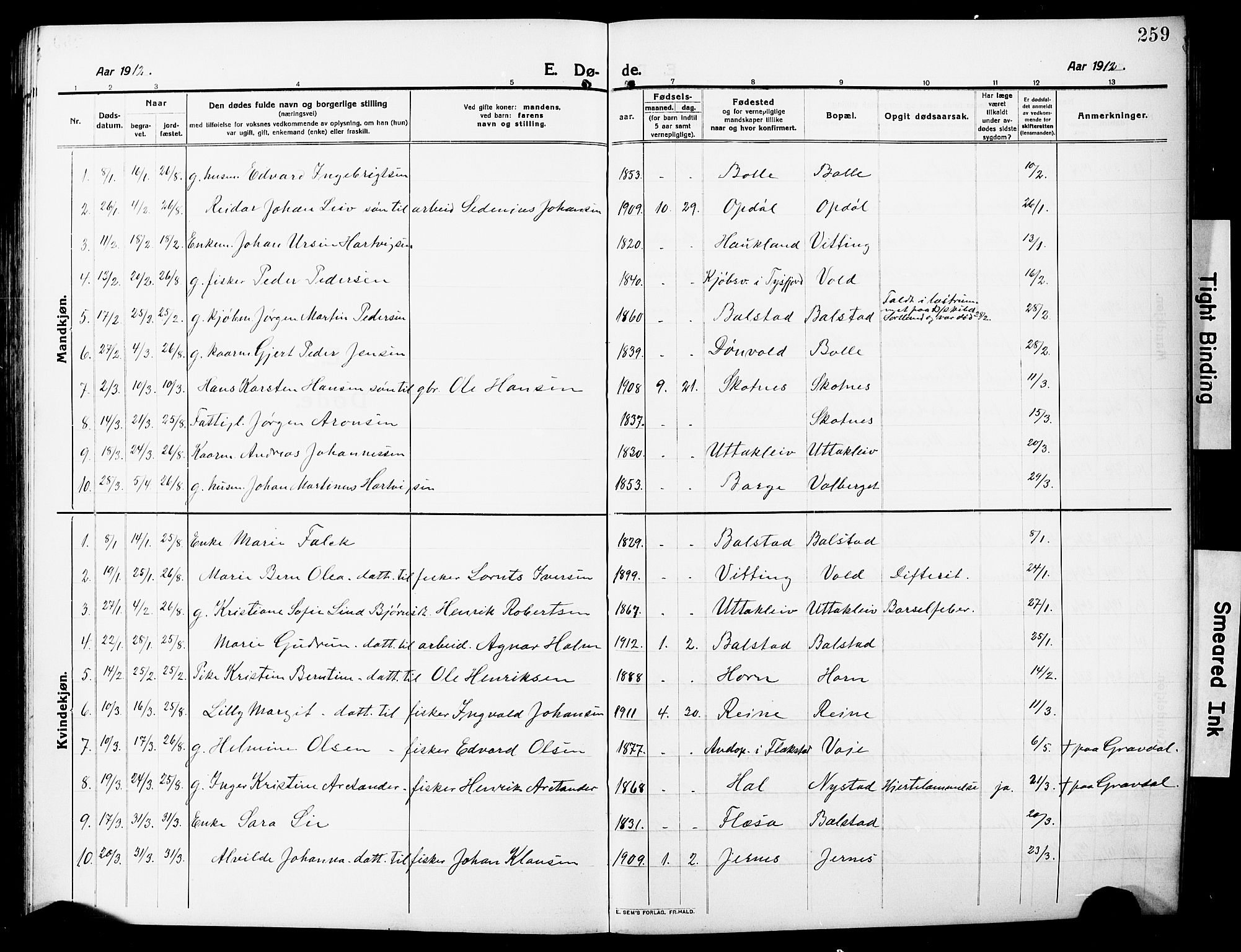 Ministerialprotokoller, klokkerbøker og fødselsregistre - Nordland, AV/SAT-A-1459/881/L1169: Parish register (copy) no. 881C06, 1912-1930, p. 259