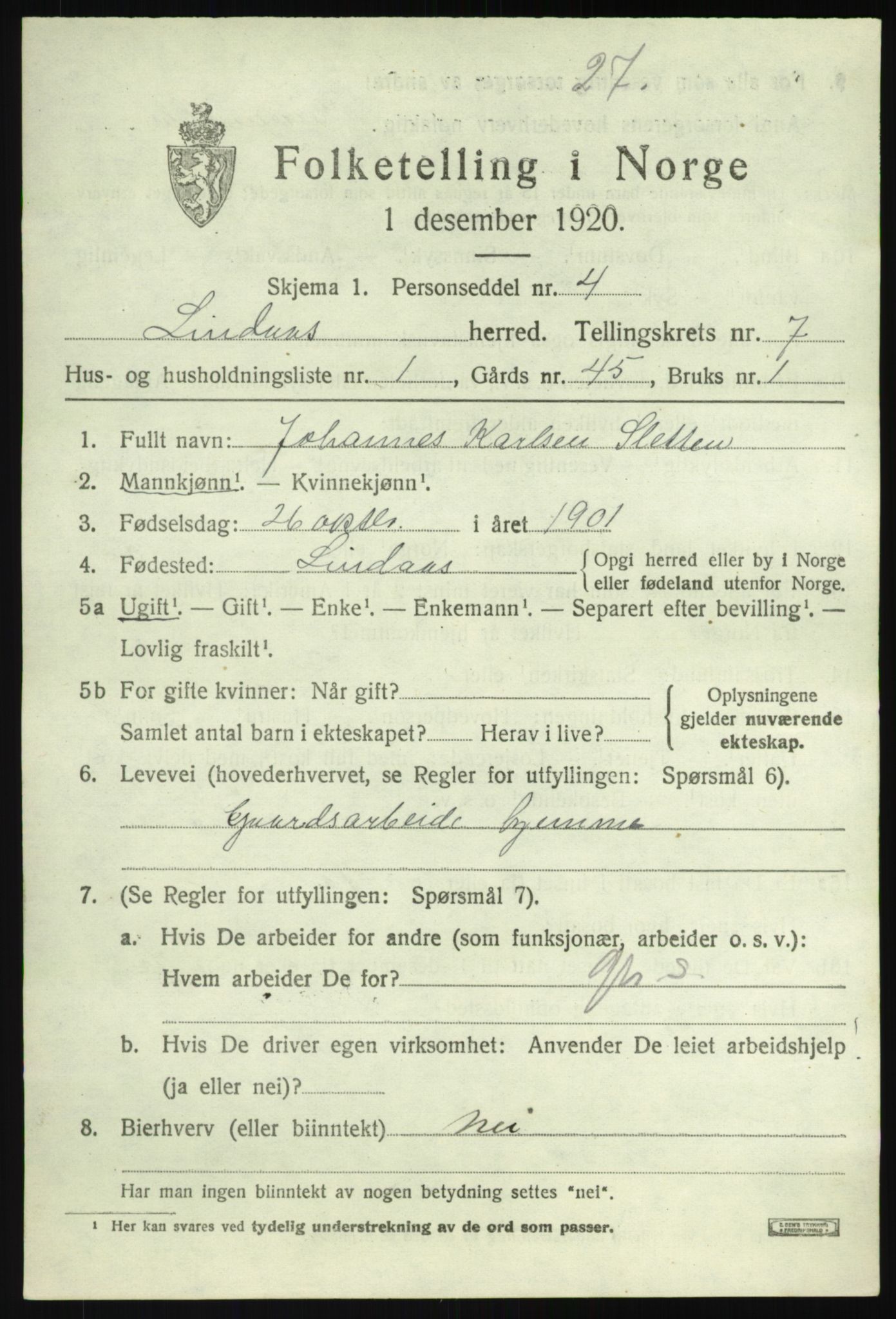 SAB, 1920 census for Lindås, 1920, p. 4037