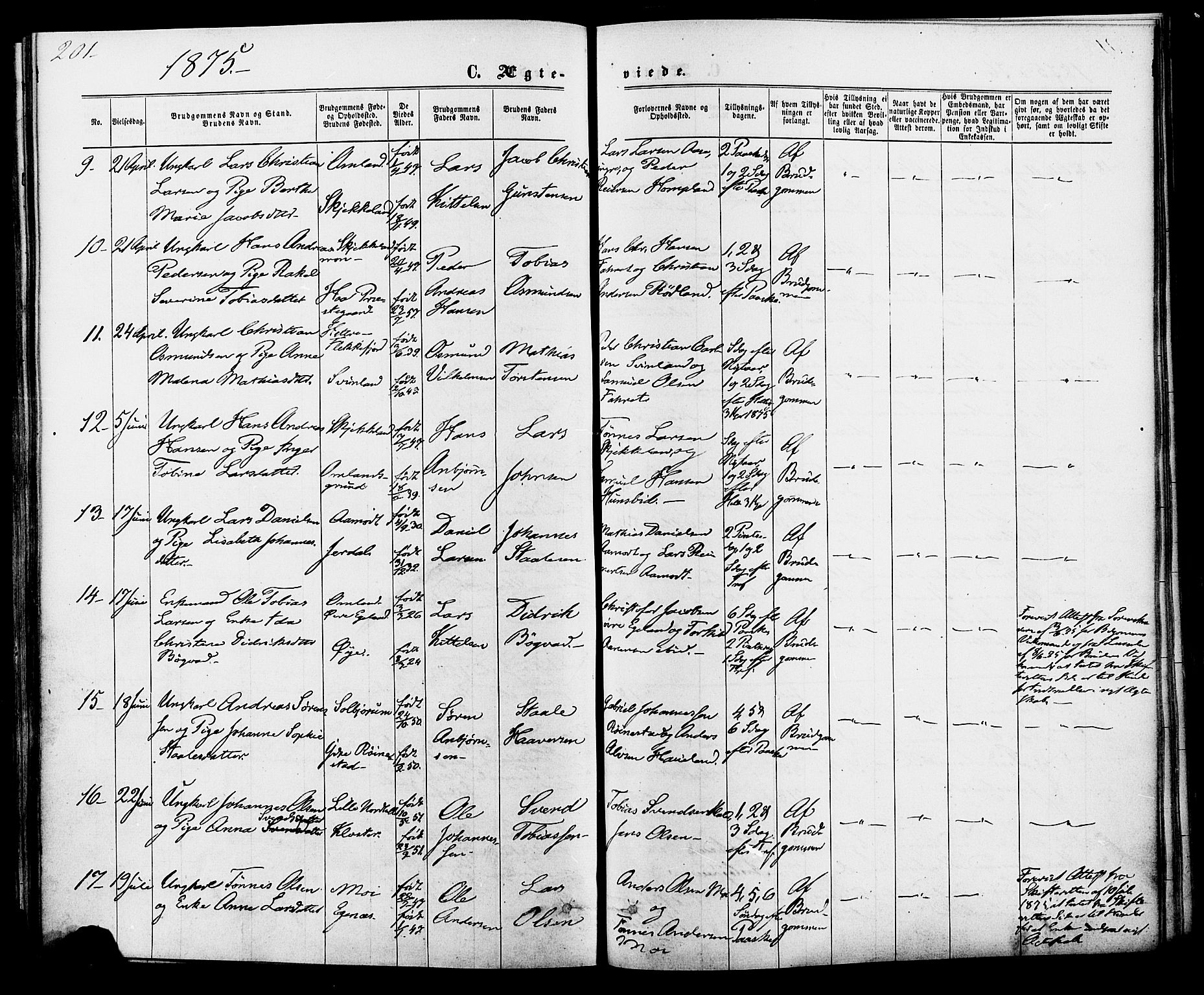 Kvinesdal sokneprestkontor, SAK/1111-0026/F/Fa/Fab/L0007: Parish register (official) no. A 7, 1870-1885, p. 201