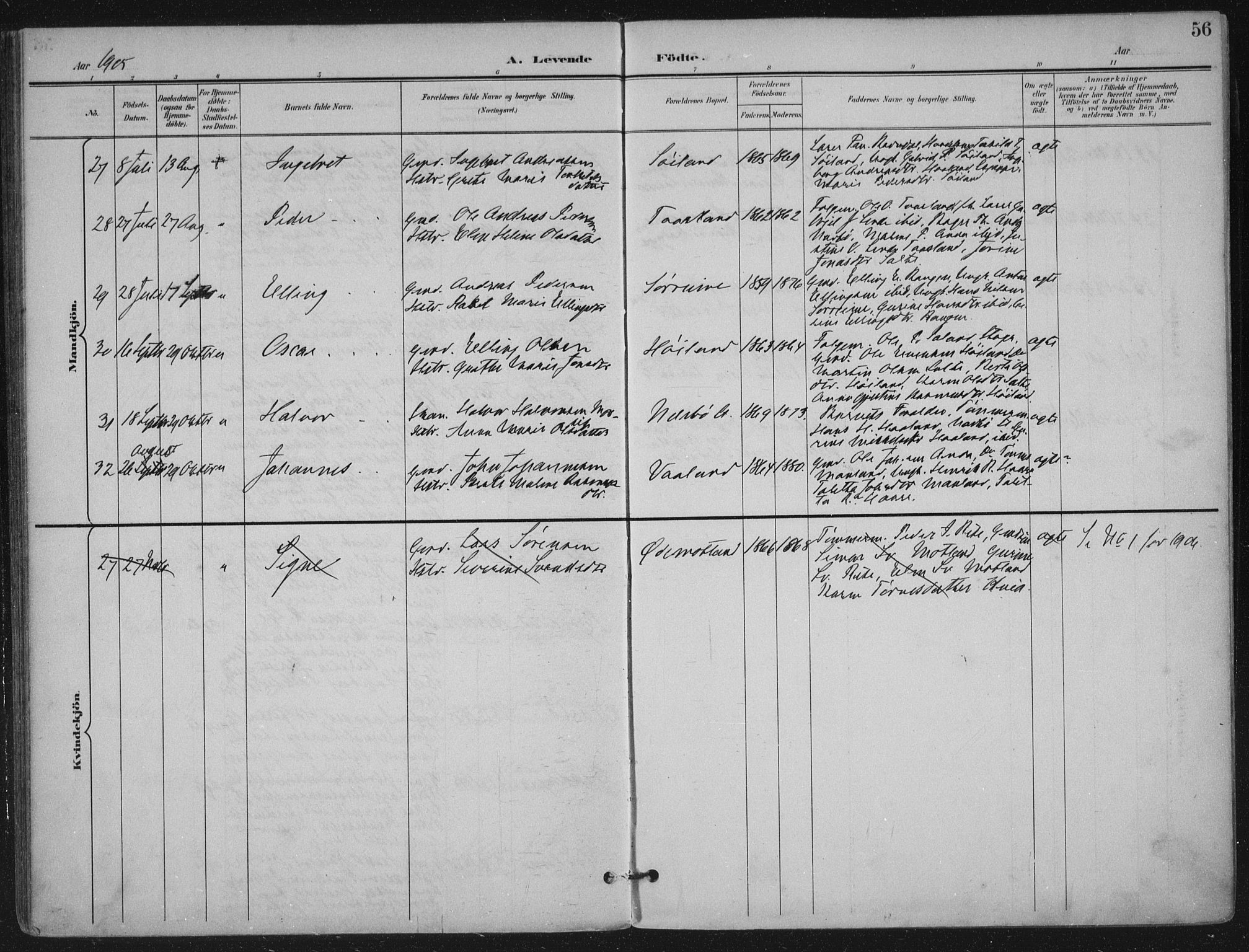 Hå sokneprestkontor, AV/SAST-A-101801/001/30BA/L0012: Parish register (official) no. A 11, 1897-1924, p. 56