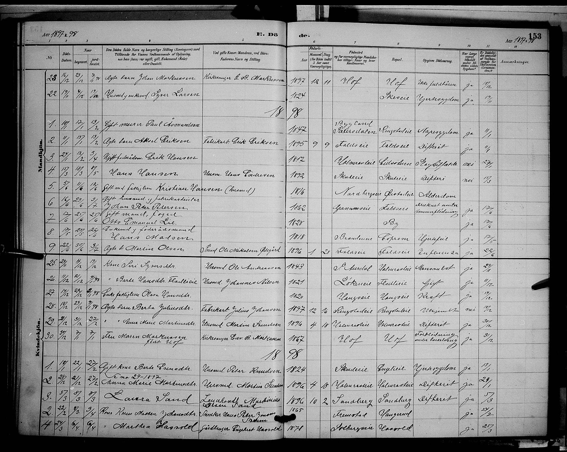 Søndre Land prestekontor, SAH/PREST-122/L/L0002: Parish register (copy) no. 2, 1884-1900, p. 153