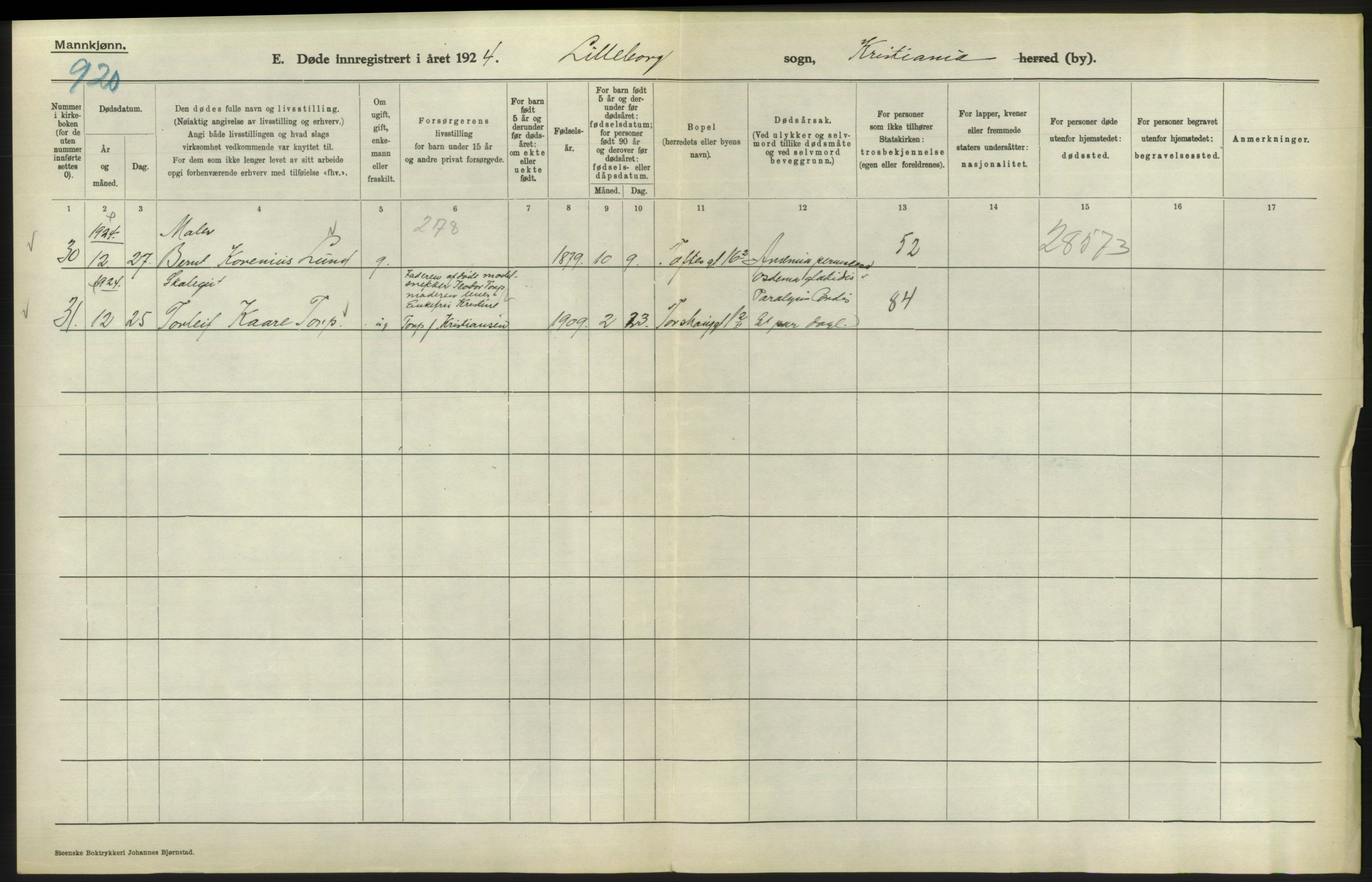 Statistisk sentralbyrå, Sosiodemografiske emner, Befolkning, AV/RA-S-2228/D/Df/Dfc/Dfcd/L0008: Kristiania: Døde menn, 1924, p. 596