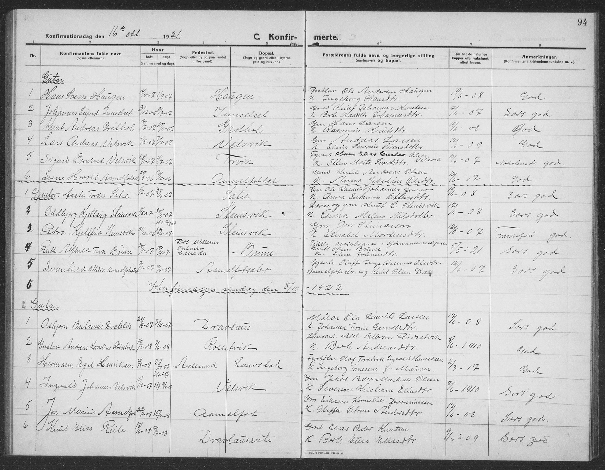 Ministerialprotokoller, klokkerbøker og fødselsregistre - Møre og Romsdal, AV/SAT-A-1454/512/L0169: Parish register (copy) no. 512C01, 1910-1935, p. 94