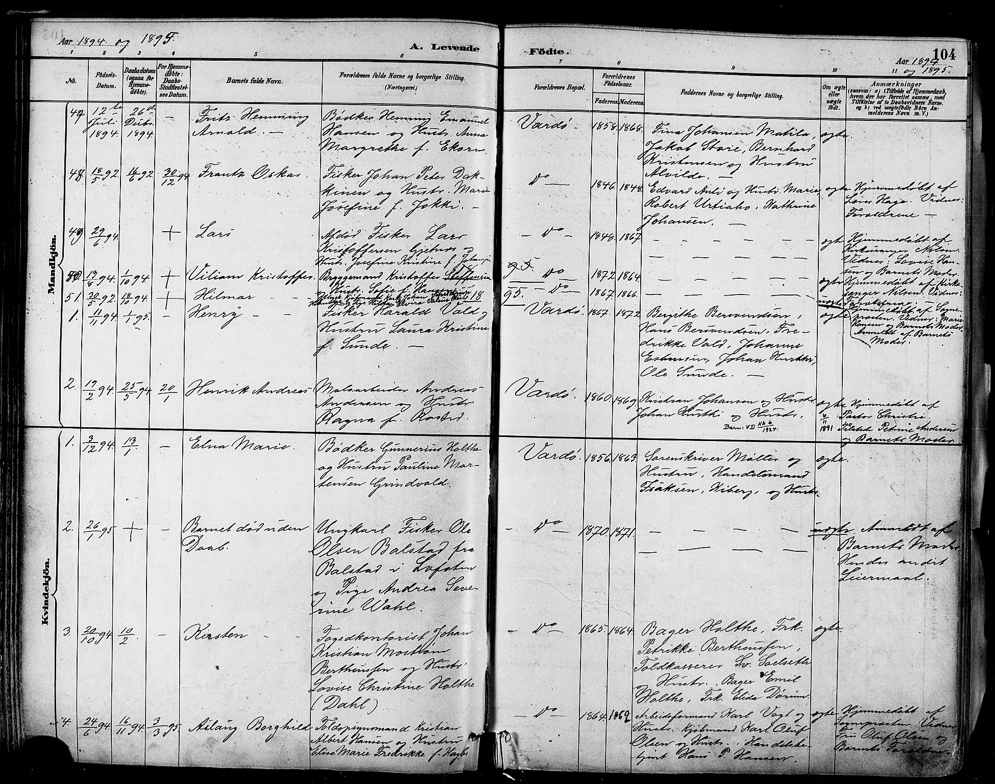 Vardø sokneprestkontor, SATØ/S-1332/H/Ha/L0007kirke: Parish register (official) no. 7, 1886-1897, p. 104